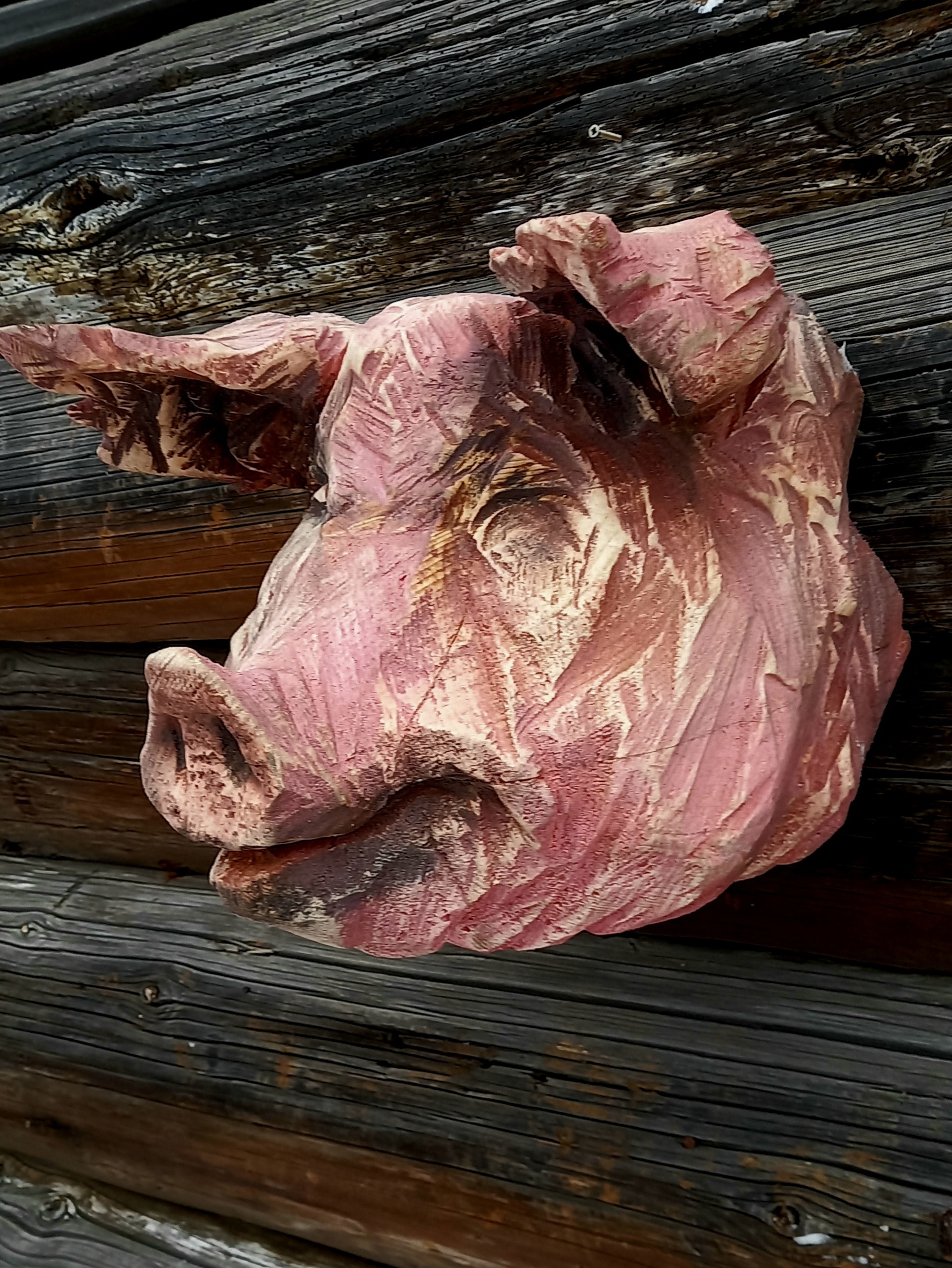 Pink mood. Chainsaw carving - My, Wood carving, Street art, Longpost, Pig, Head