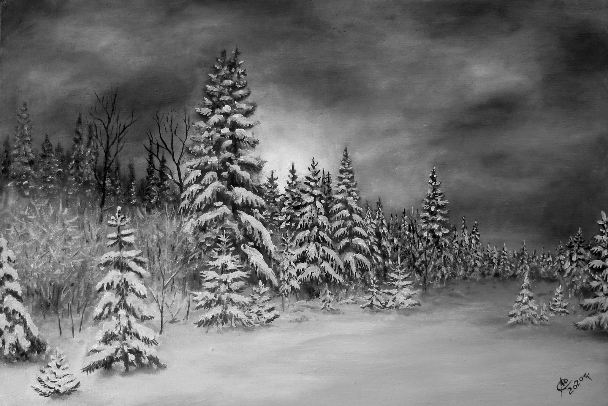 Lesnaya 2020 - My, Night, Forest, Winter, Oil painting