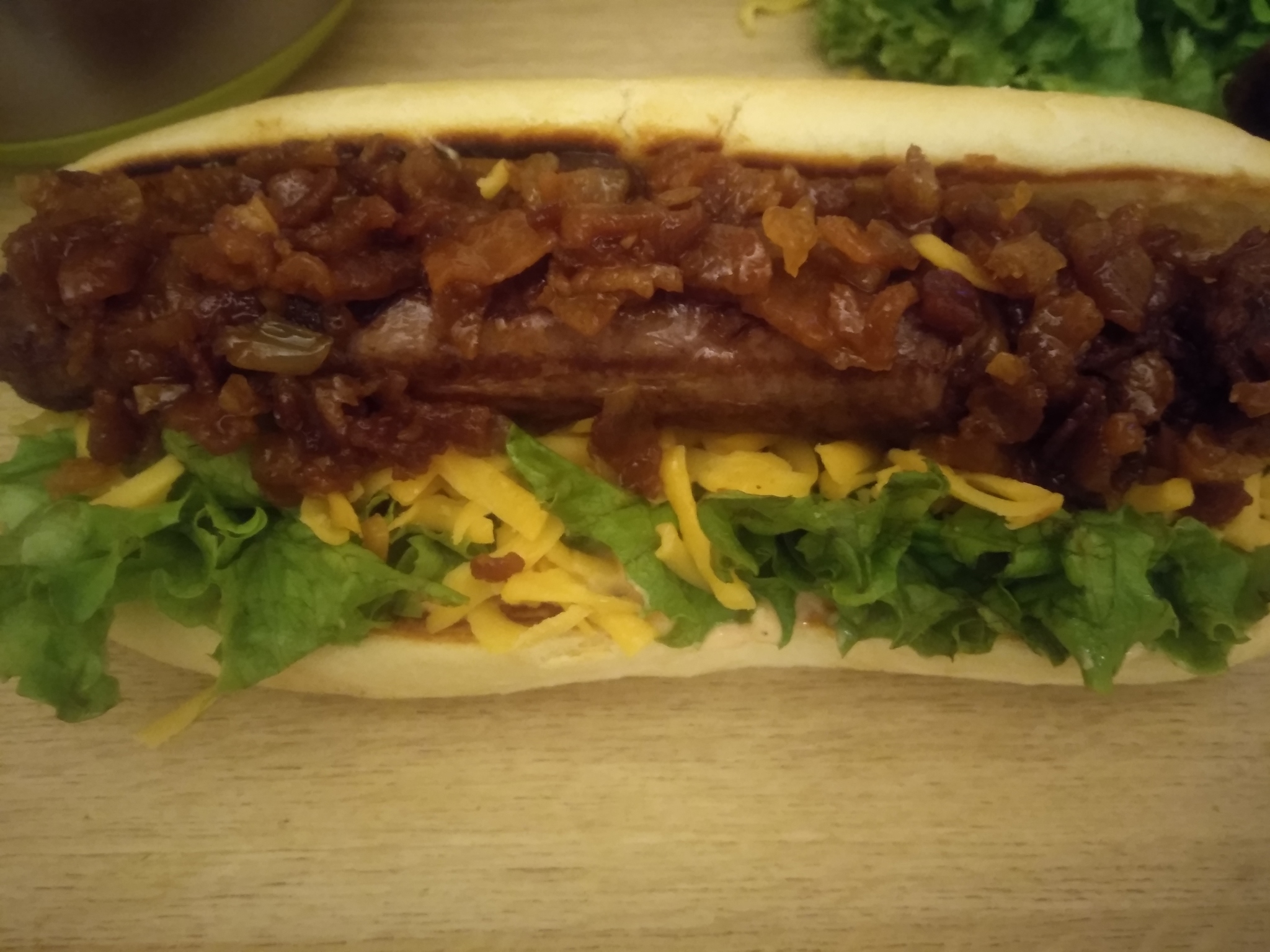 Hot dog with bacon and onion jam - My, Yummy, Recipe, Hot Dog, Cheddar, Bourbon, Mustard, Longpost