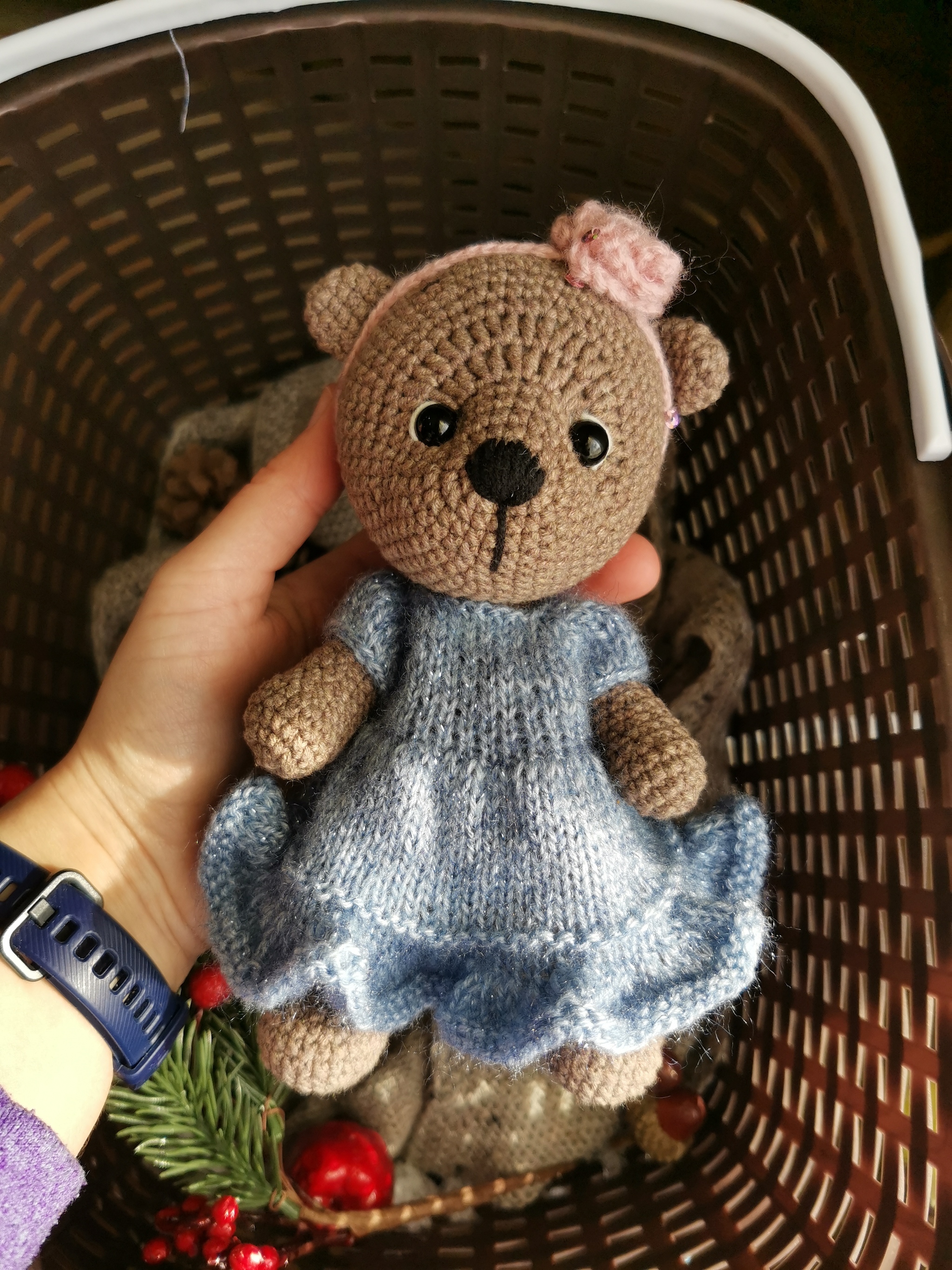 Teddy bear in overalls - My, Knitting, Needlework, Crochet, Knitted toys, Longpost, Needlework without process