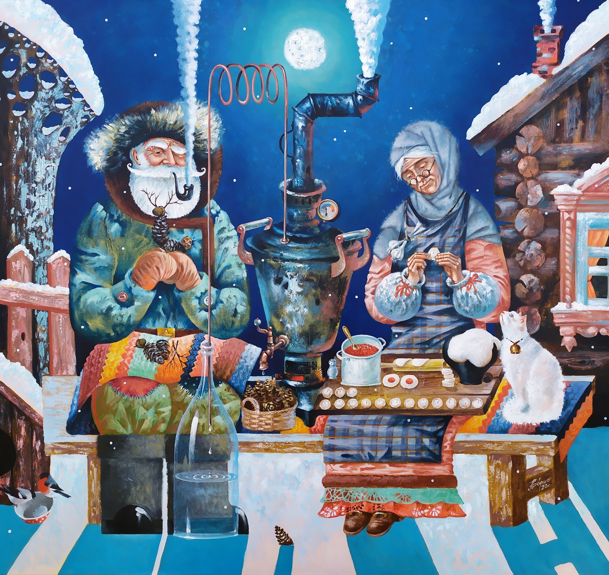 Painting Waiting for grandchildren - My, Painting, Painting, Art, Modern Art, Fantasy, Winter, Moonshine, Alcohol mashine, Dumplings, Village, Snow, Grandmothers and grandfathers, Samovar