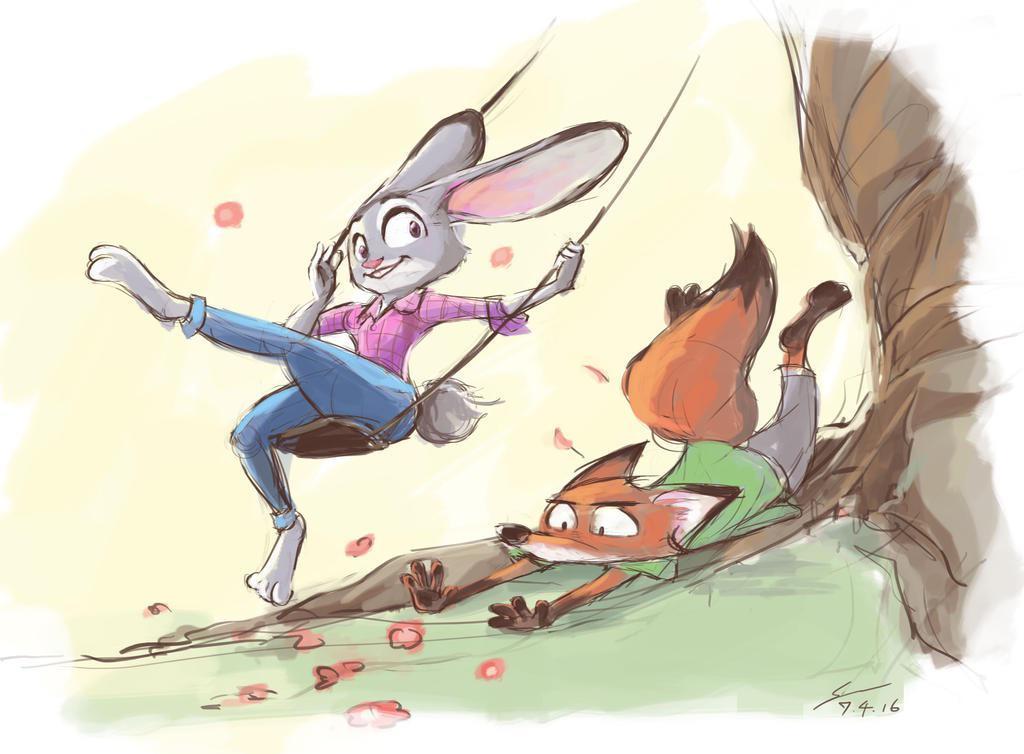 Swing - Zootopia, Nick wilde, Judy hopps, Nick and Judy, Swing, Art, Sketch