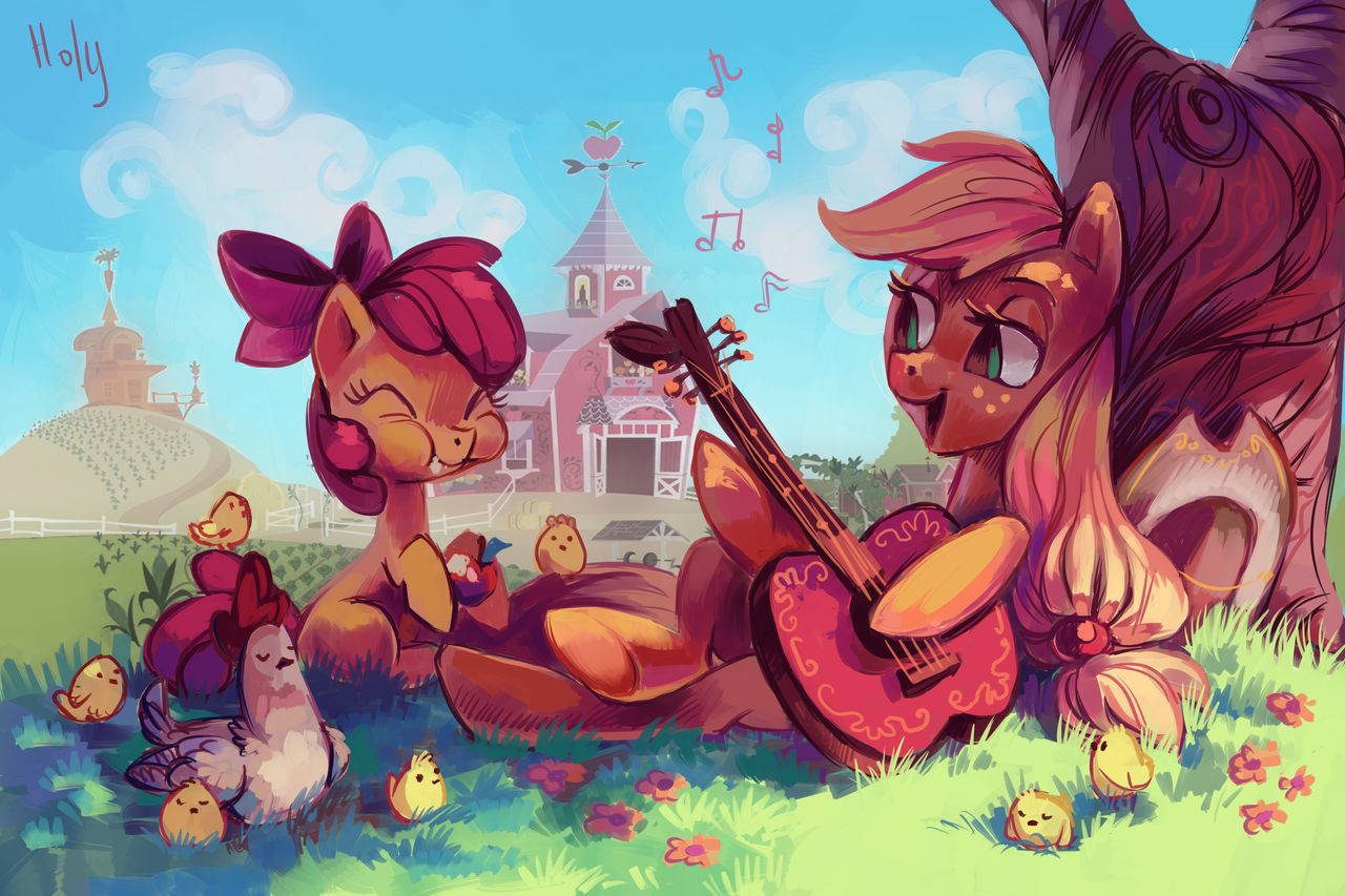 Musical Apple Pony - My little pony, Applejack, Applebloom, Guitar, PonyArt, Holivi, Art