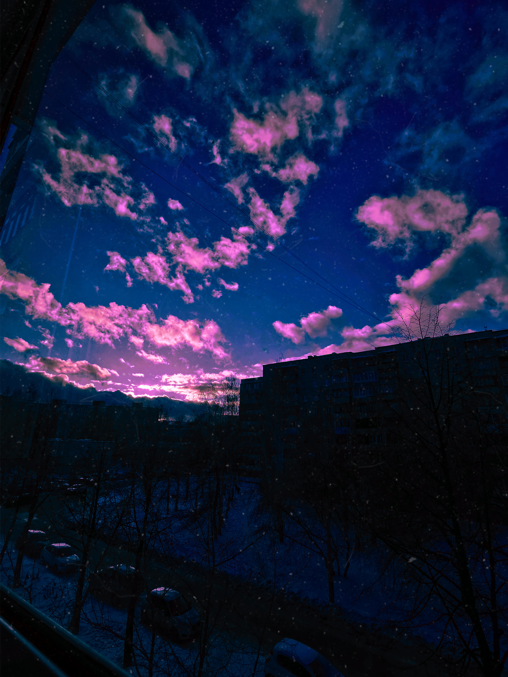 Neon winter - My, Winter, Mobile photography, Aesthetics, Sky, Panel house, Clouds, Longpost, Auto, Parking