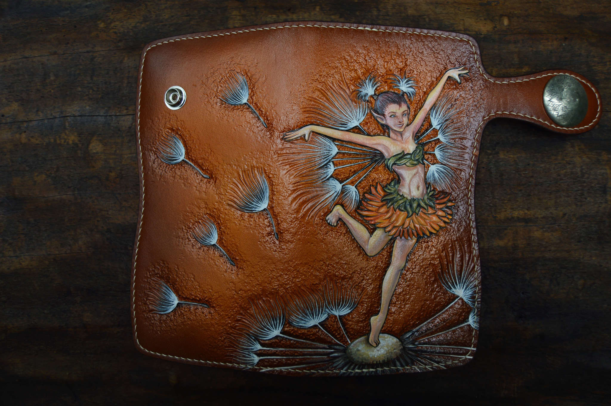 Fairy with dandelion. Long wallet - My, Fairy, Dandelion, Flowers, Embossing on leather, Leather, Wallet, Needlework without process, Longpost, Leather products