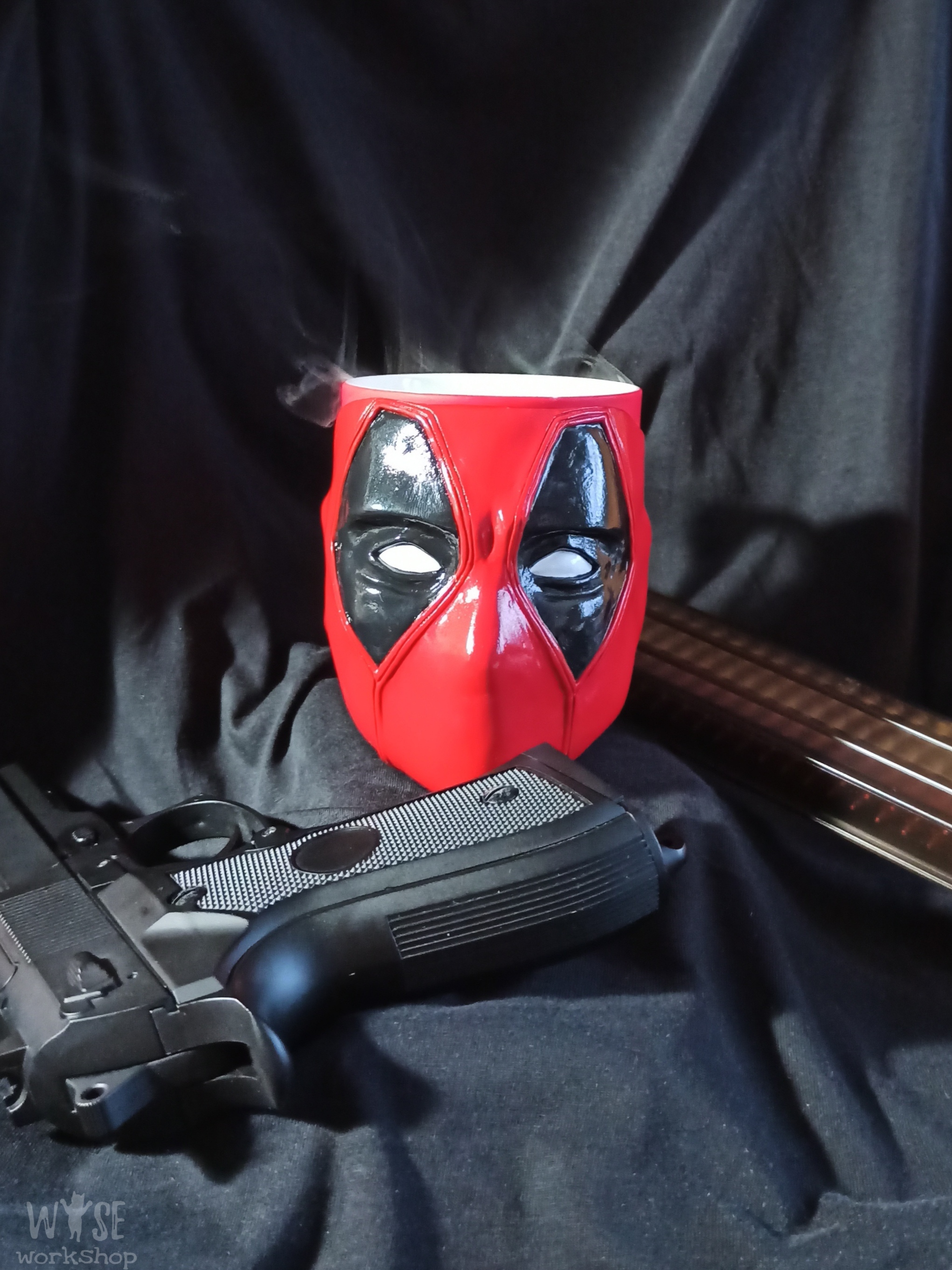 Deadpool mug handmade decor - My, Deadpool, Handmade, With your own hands, Mug with decor, Polymer clay, Hobby, Работа мечты, Лепка, Needlework without process, Longpost