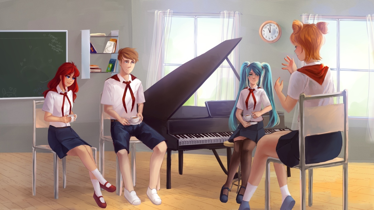 Evening gatherings at a music club - Endless Summer (visual novel), Visual novel, Ulyana, Semyon, Hatsune Miku, Alisa Dvachevskaya, Art, Fan art