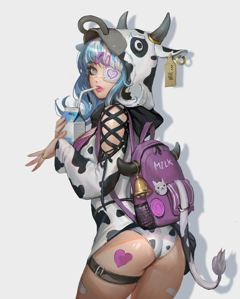 Milk - NSFW, Art, Girls, Cowsuit, In shoo