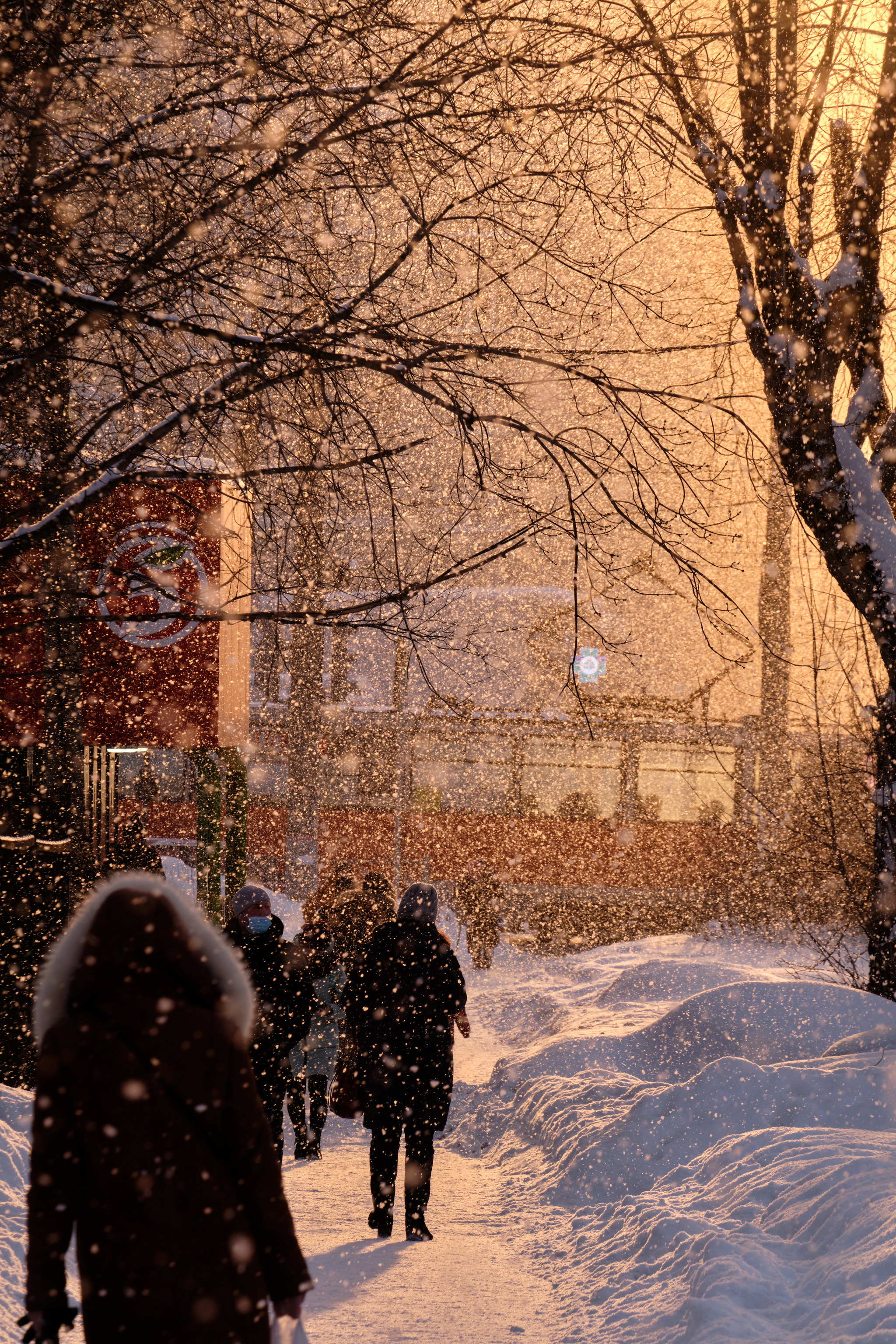 Unusual snowfall at sunset today in Perm - My, Permian, Snowfall, Golden hour, Straight, Longpost, The photo