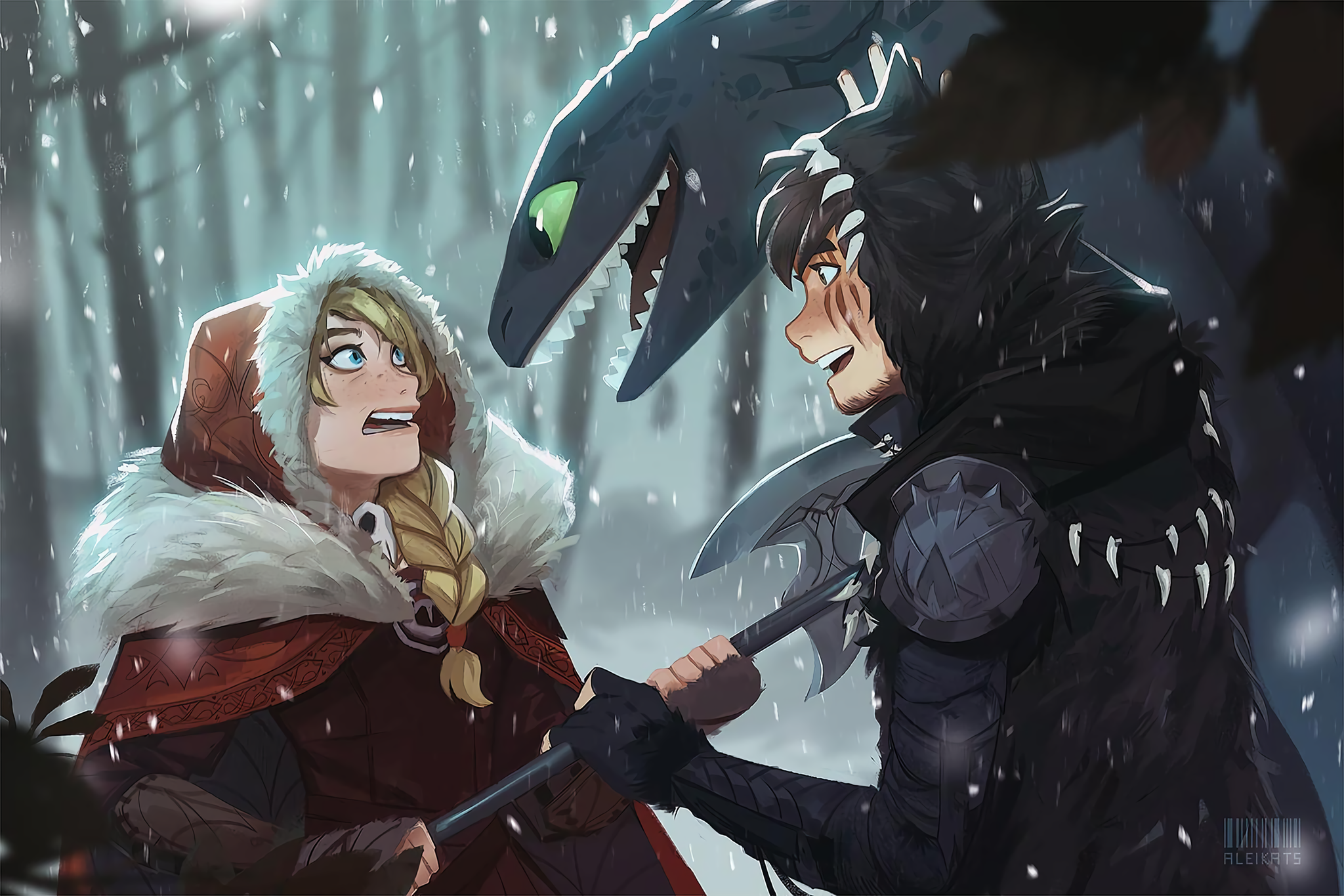 Don't be afraid, he won't bite... hard - Art, Drawing, Cartoons, How to train your dragon, Astrid, Hiccup, Toothless, The Dragon, Does not bite, Aleikats