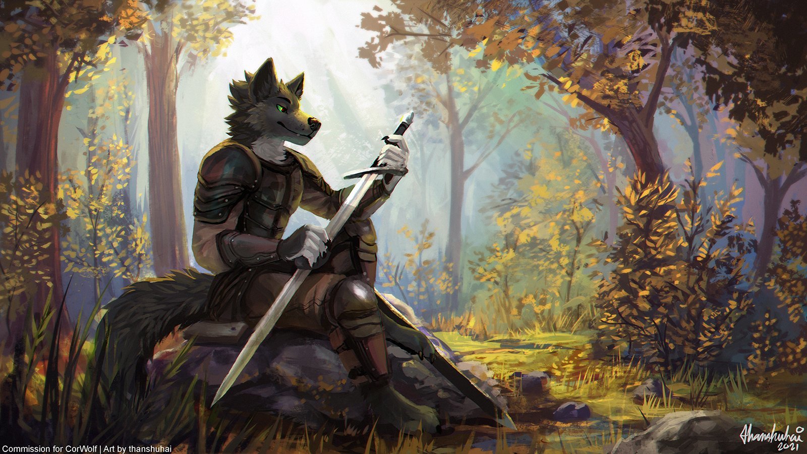 Warrior - Art, Sword, Forest, Furry wolf, Furry, Thanshuhai