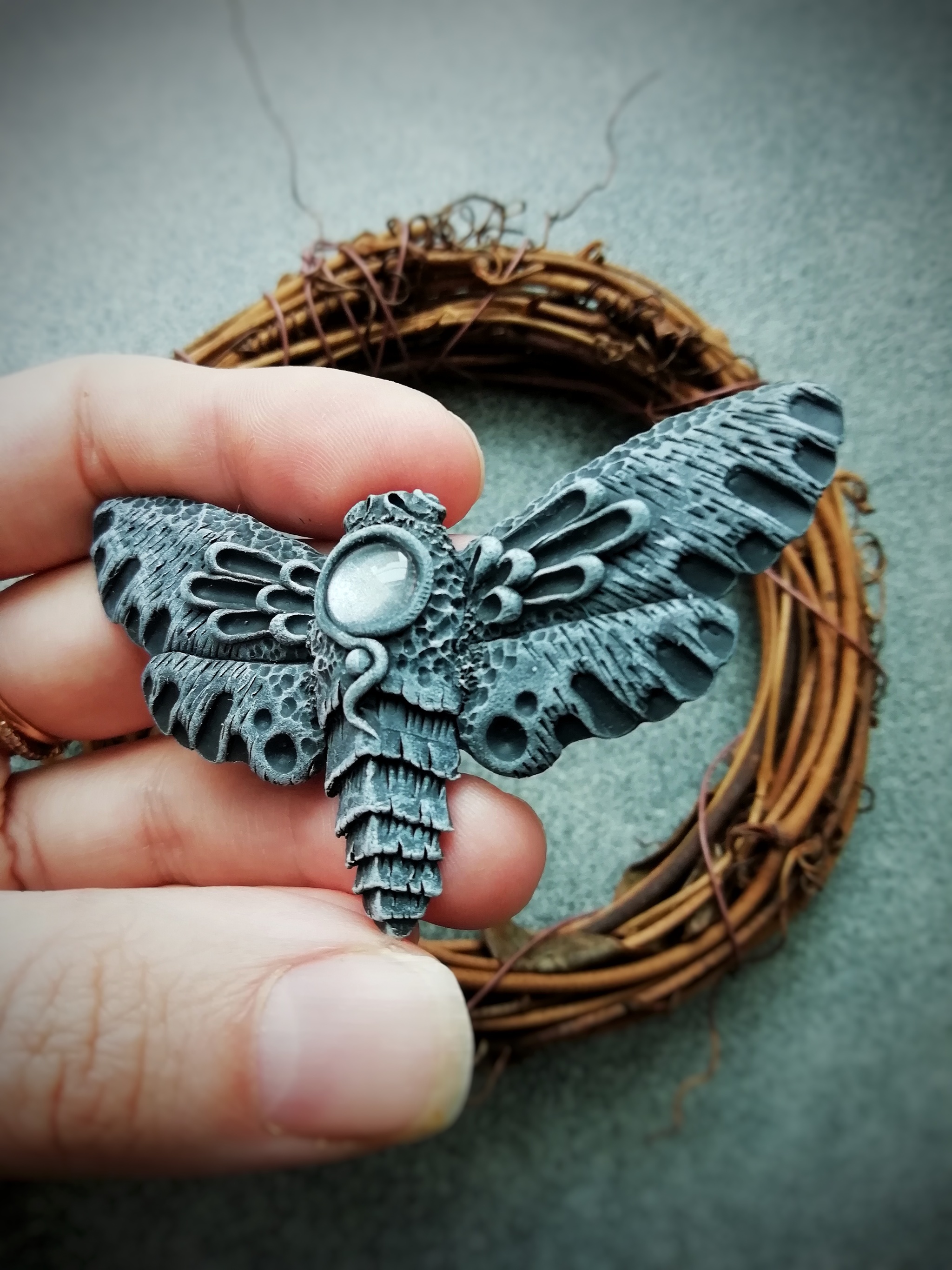 Hawkmoth. Version 2.0 - My, Needlework without process, Hawk, Brooch, Polymer clay, Лепка, Handmade, Longpost