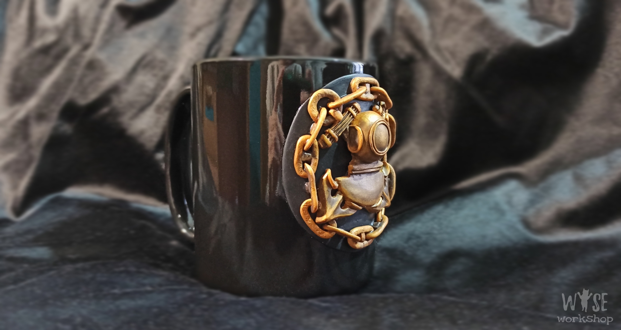 Mug Underwater - My, With your own hands, Diver, Spacesuit, Mug with decor, Handmade, Under the water, Diver, Hobby, Anchor, Needlework without process, Longpost