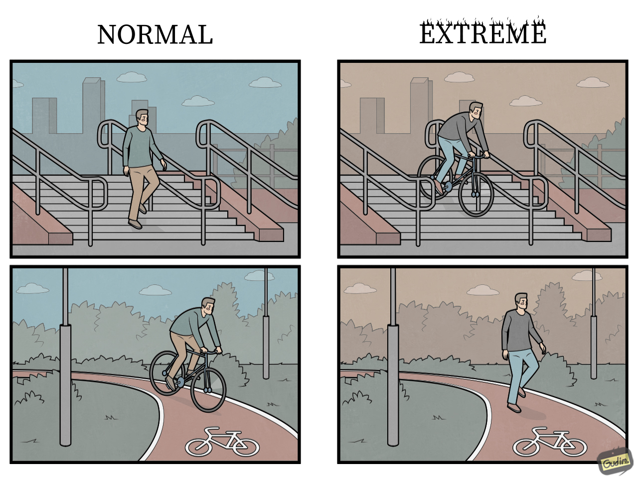 Extreme - My, Gudim, Comics, A bike, Extreme, Stairs, Bike path