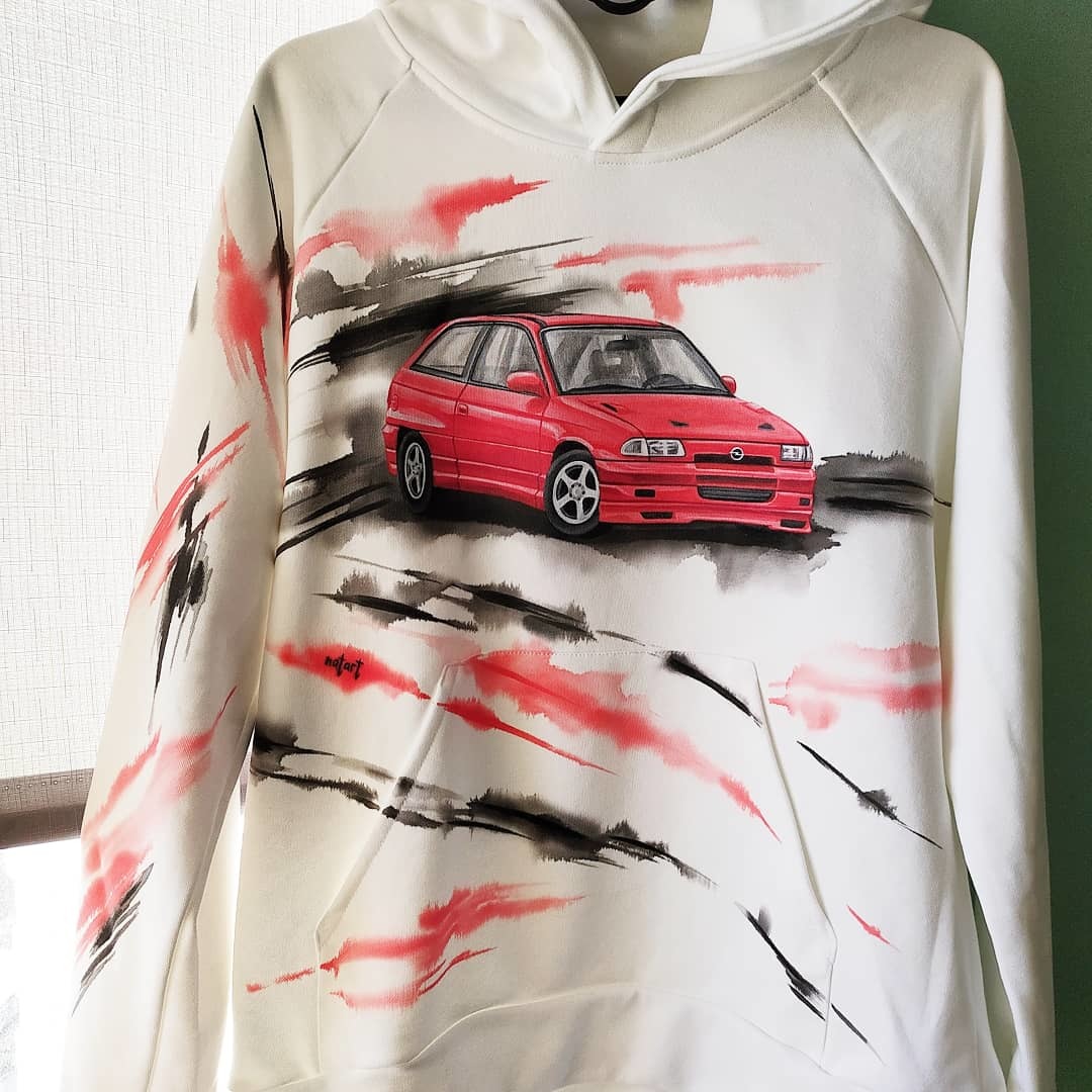 Opel Astra on a sweatshirt. Hand painted - My, Opel, Opel Astra, Auto, Motorists, Car, Customization, Автоспорт, Handmade, Painting on fabric, With your own hands, Needlework, sweatshirt, Longpost, Needlework without process