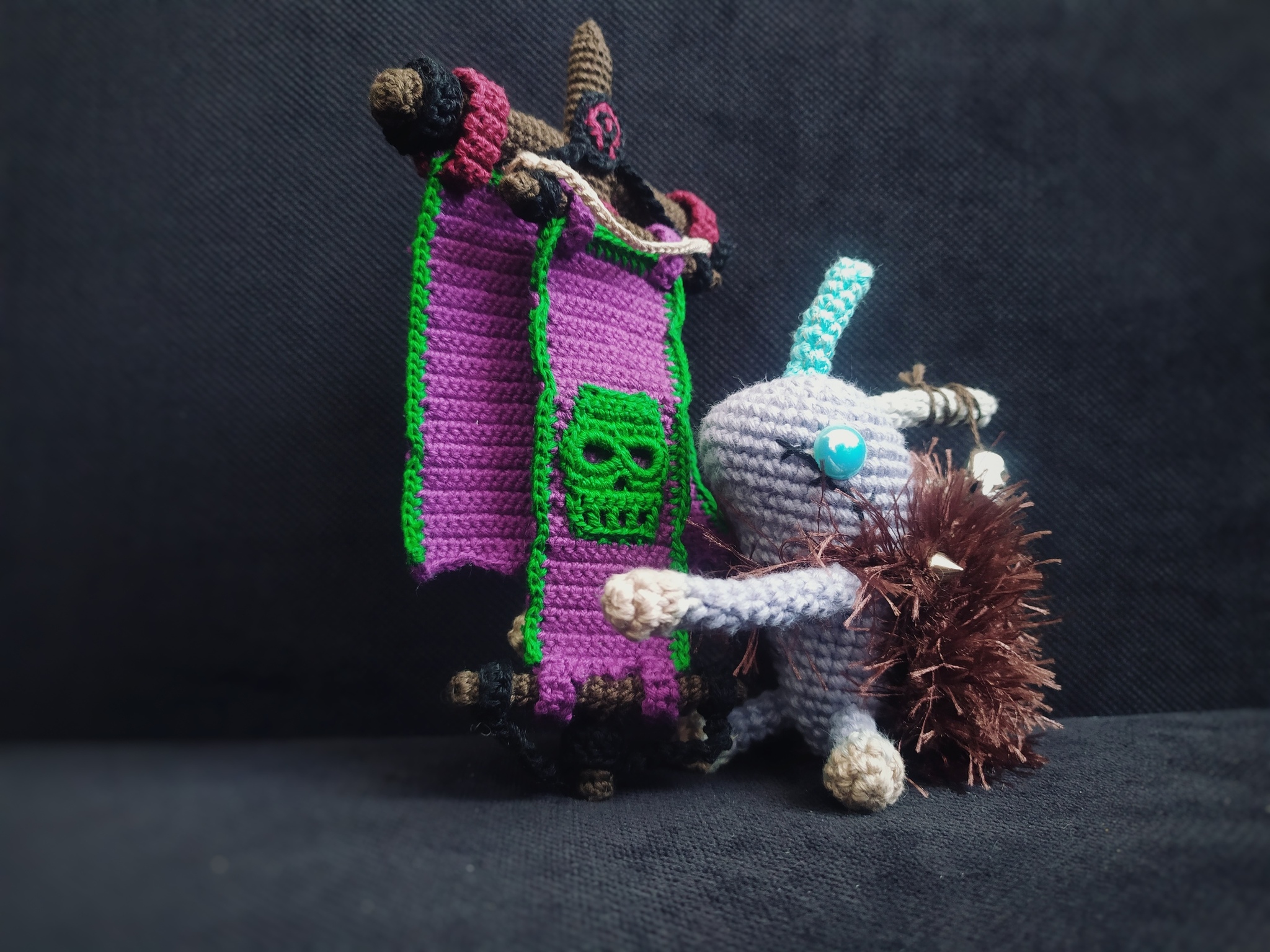 Murloc with guild banner - My, World of warcraft, Warcraft, Crochet, Amigurumi, Knitting, Knitted toys, Blizzard, Computer games, Murlocs, Longpost, Needlework without process