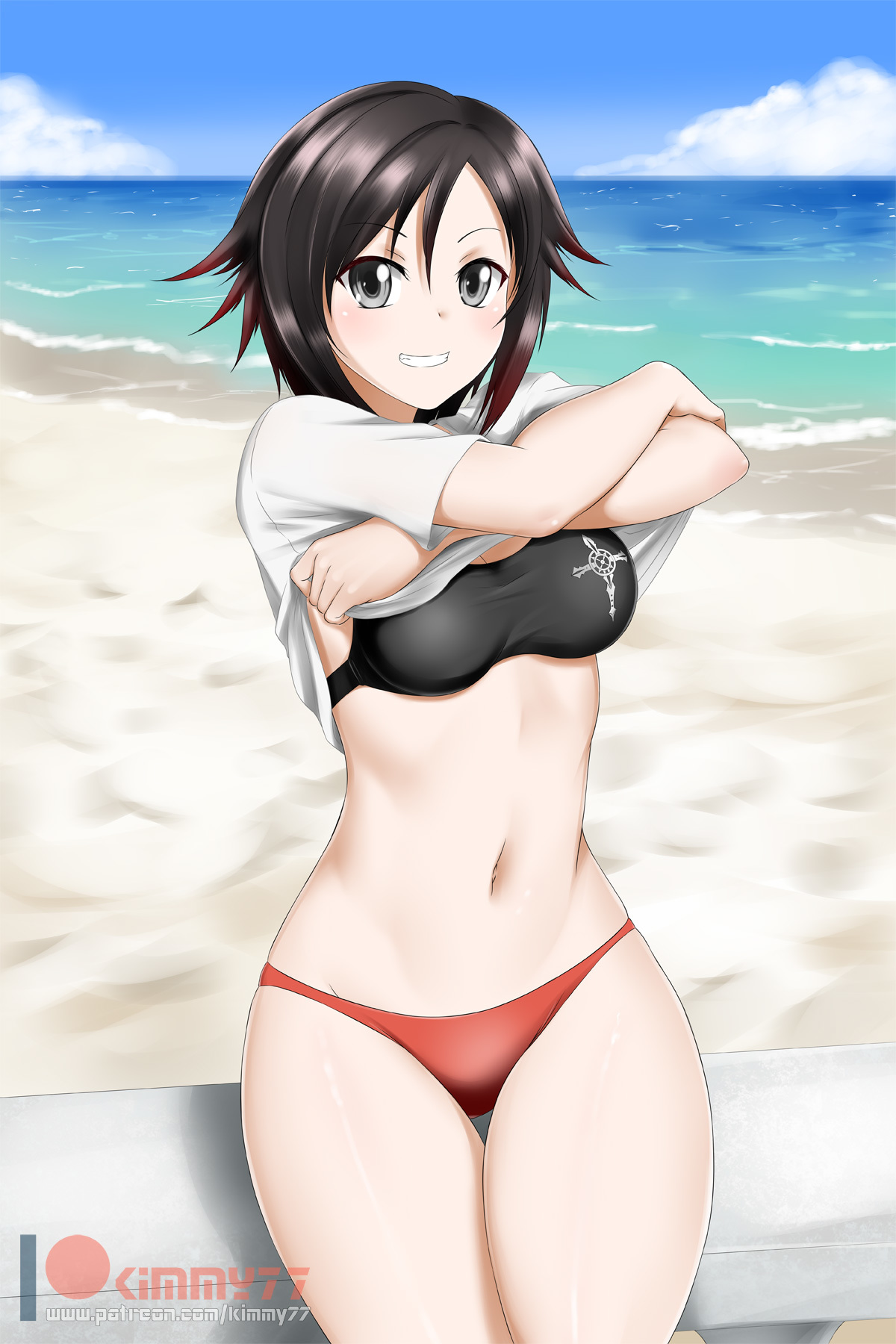 Ruby - NSFW, RWBY, Ruby rose, Kimmy77, Anime art, Anime, Breast, Beautiful girl, Beach, Pantsu, Art, Sea, Drawing, Longpost