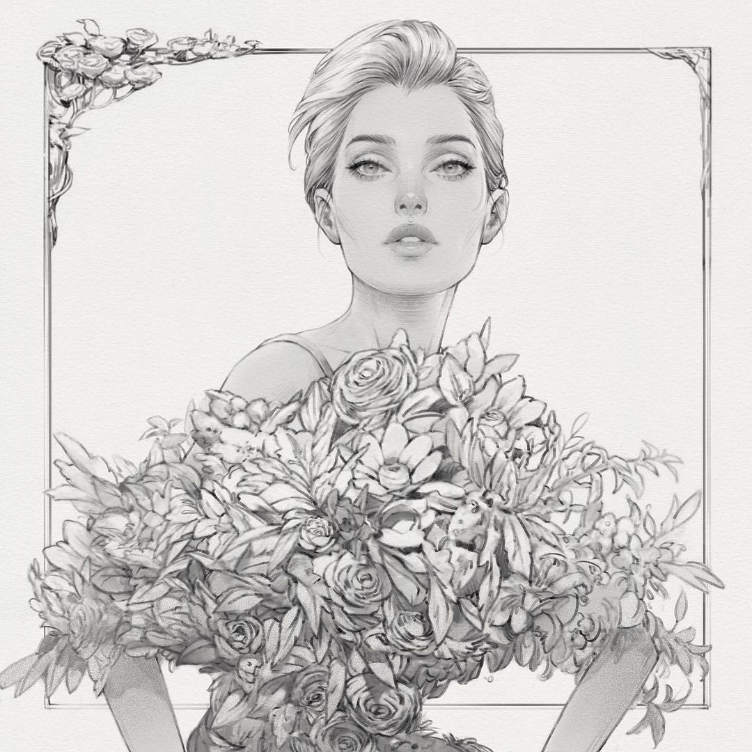 Flower Lady - Drawing, Flowers, Girls, Alex Tang, Art