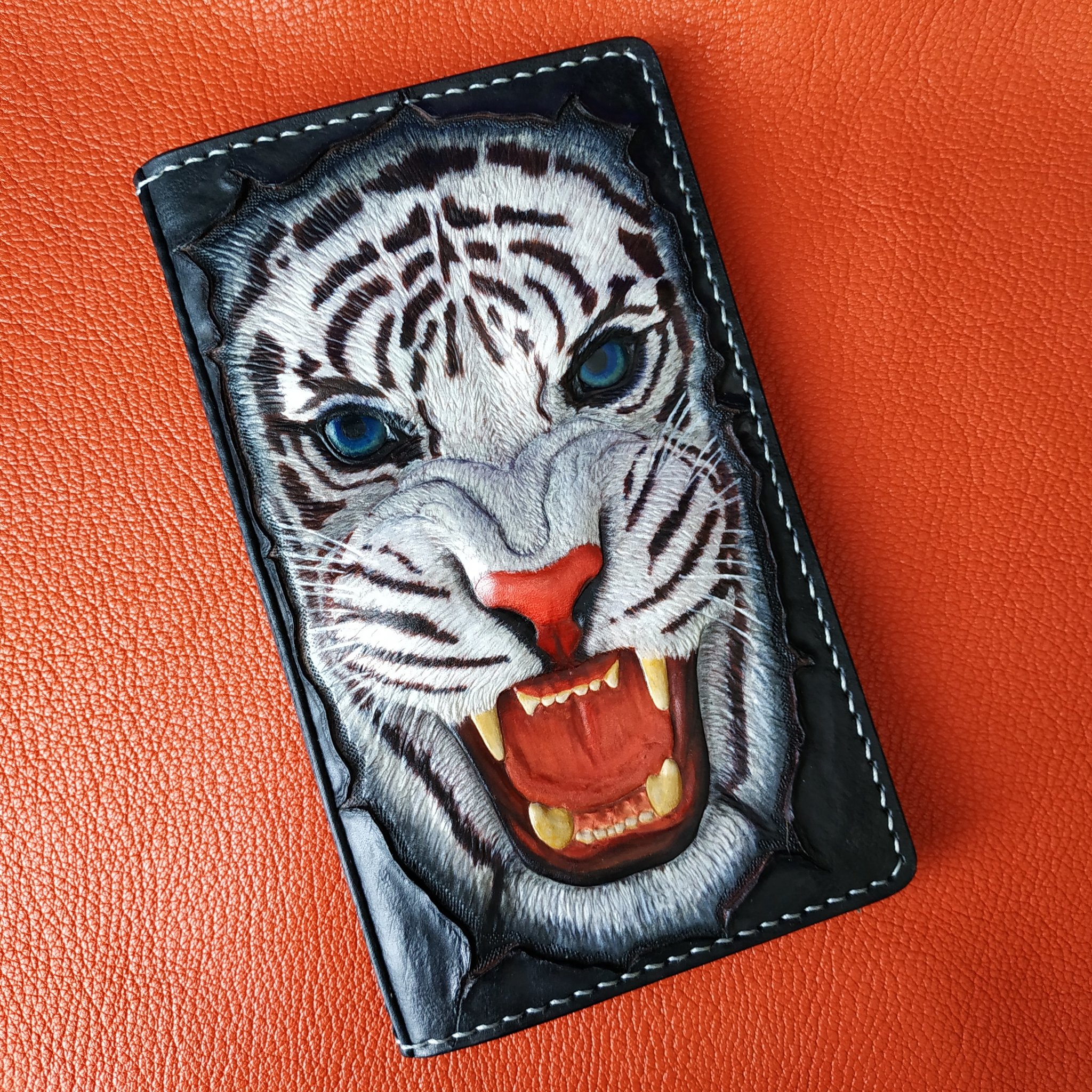 Longer White Tiger - My, Leather, Leather products, Longer, Embossing on leather, White tiger, Needlework with process, Longpost