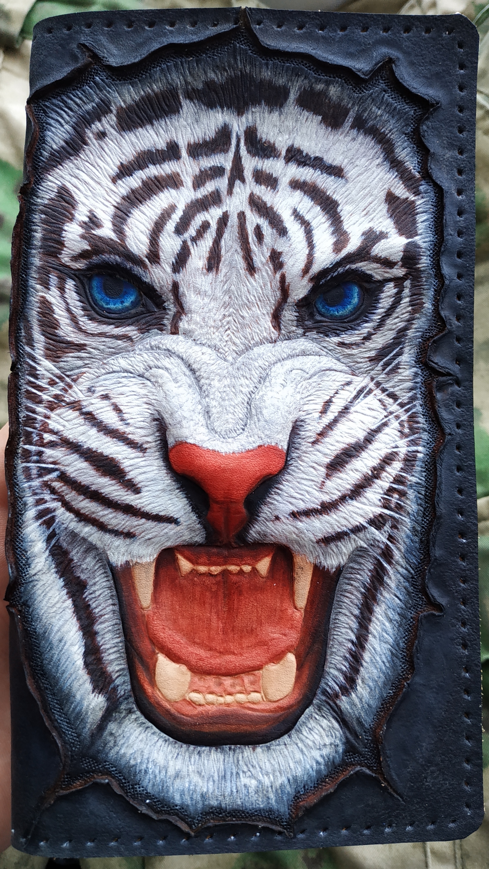 Longer White Tiger - My, Leather, Leather products, Longer, Embossing on leather, White tiger, Needlework with process, Longpost