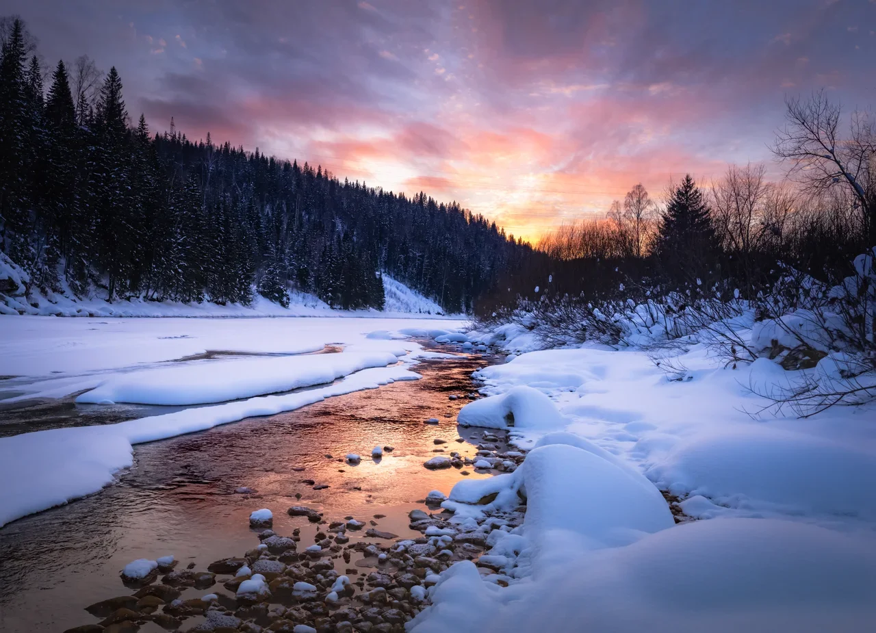 Sunset - My, Sunset, The photo, Winter, River, A rock, Snow, Forest, Landscape, Ural, Perm Territory