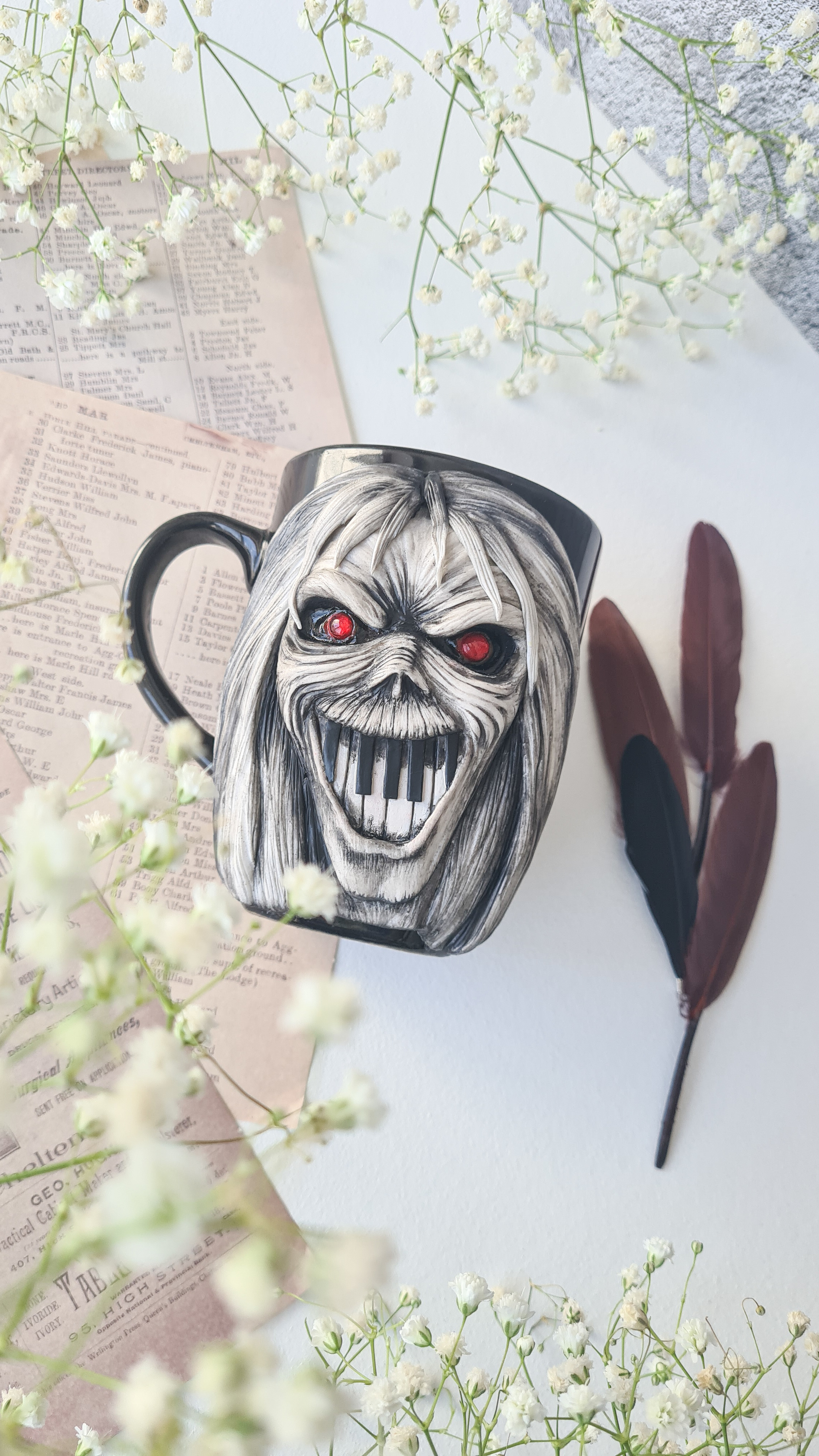 If you want to start sculpting a person, start with a skull - My, Polymer clay, Mug with decor, Eddie, Handmade, Needlework with process, Mat, Longpost