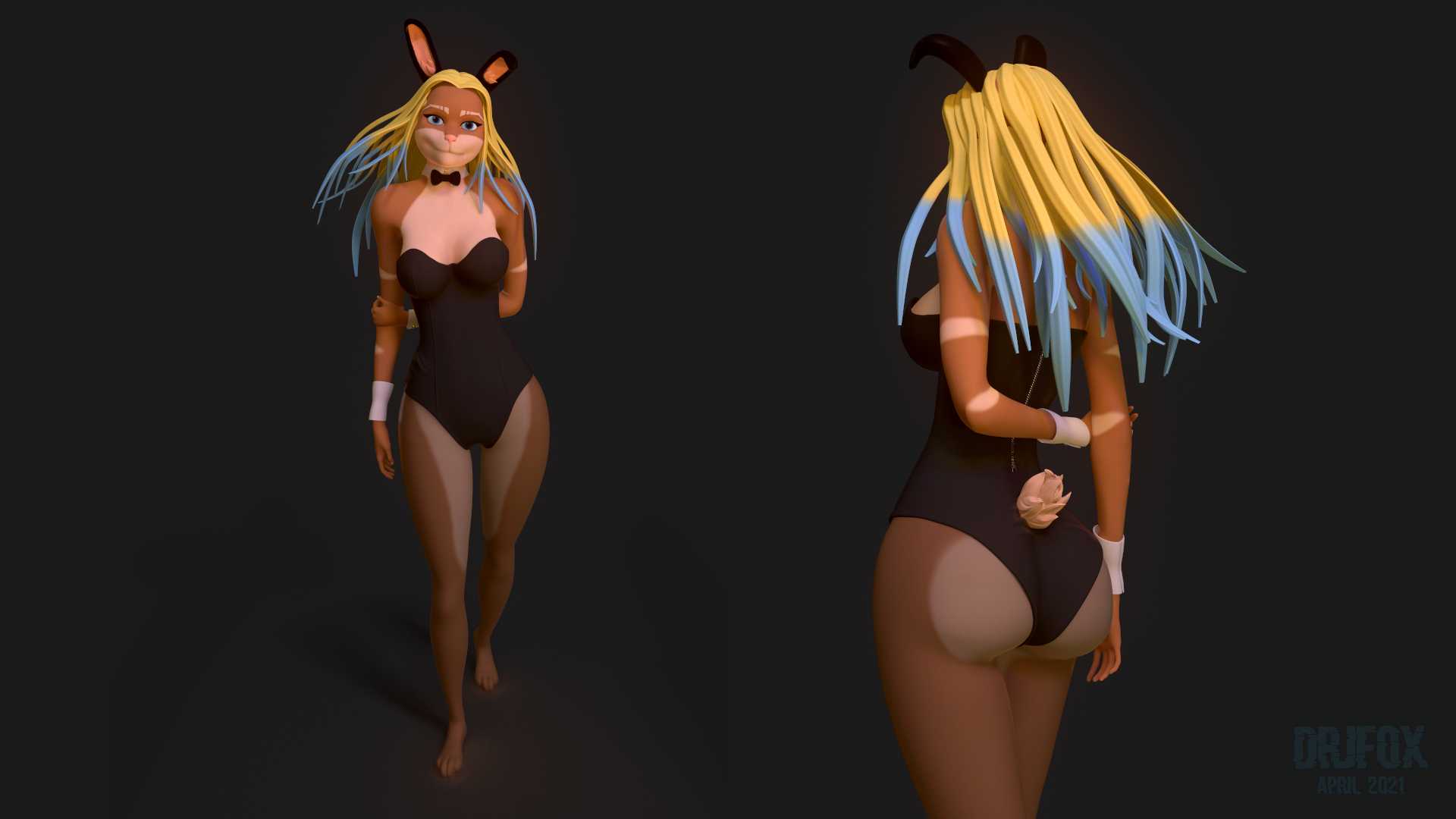 Bunny Girl | 3d figure - NSFW, Моё, Фурри, Антро, Арт, Кролик, Bunnysuit, Furry Art, Furry Edge, Длиннопост, 3D, 3D графика, Гифка