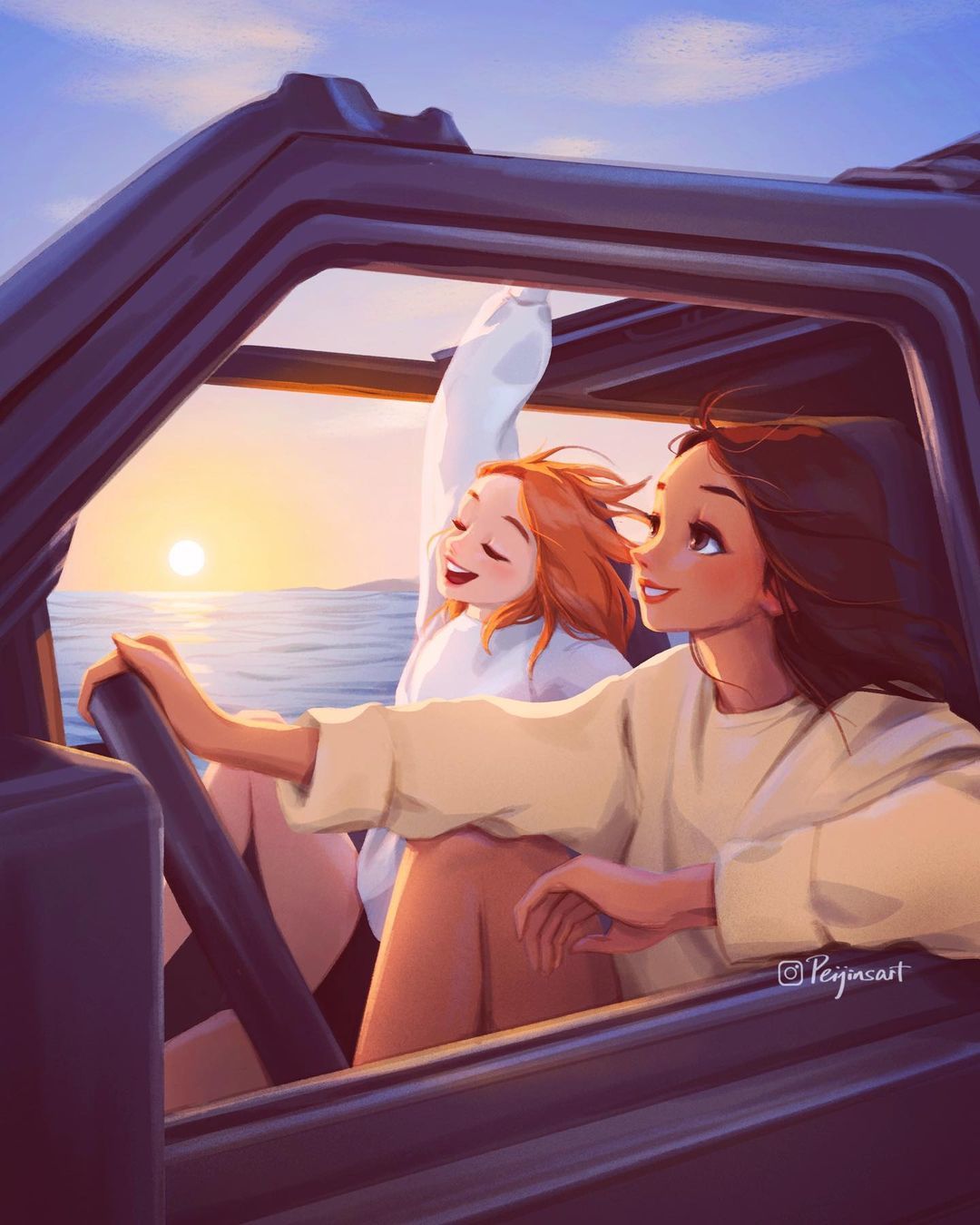 Toward adventure and the ocean - Drawing, Girls, Auto, The sun, Ocean, Peijin Yang, Art