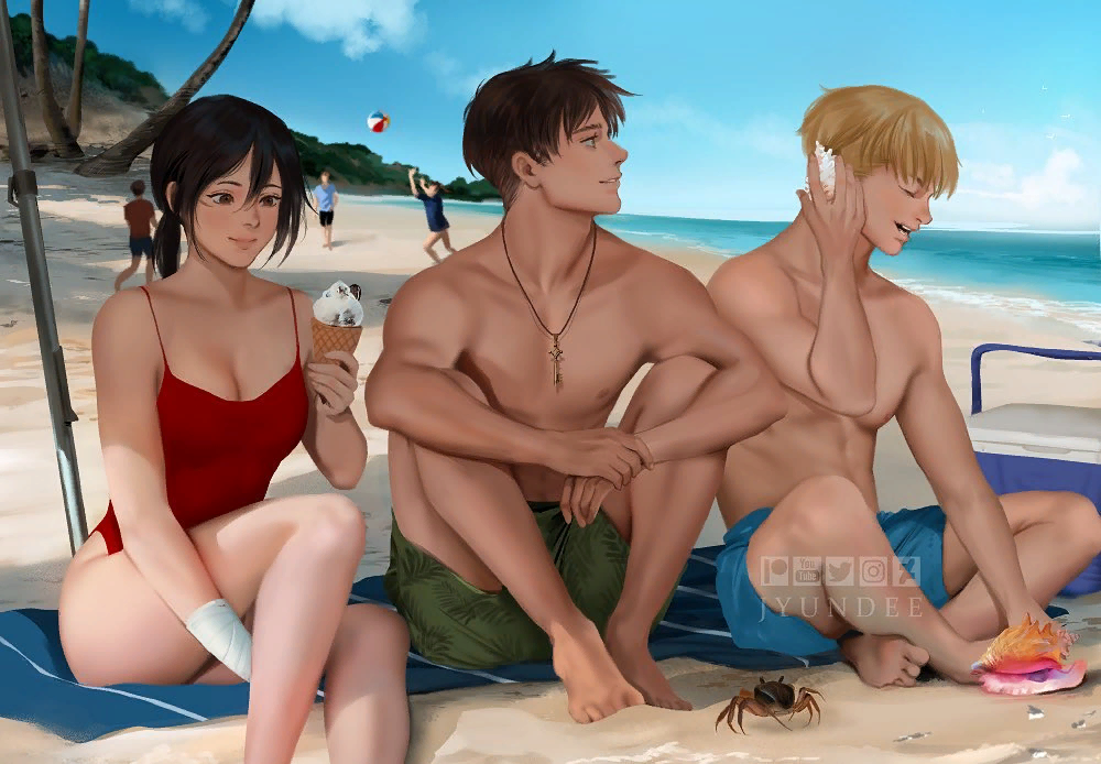 Beach episode - NSFW, Attack on titan, Armin Arlert, Eren Yeager, Mikasa Ackerman, Anime art, Anime, Swimsuit, Jyundee