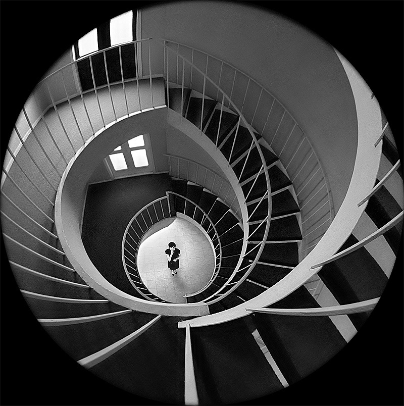 Spiral - Black and white photo, Stairs, Spiral, View from above