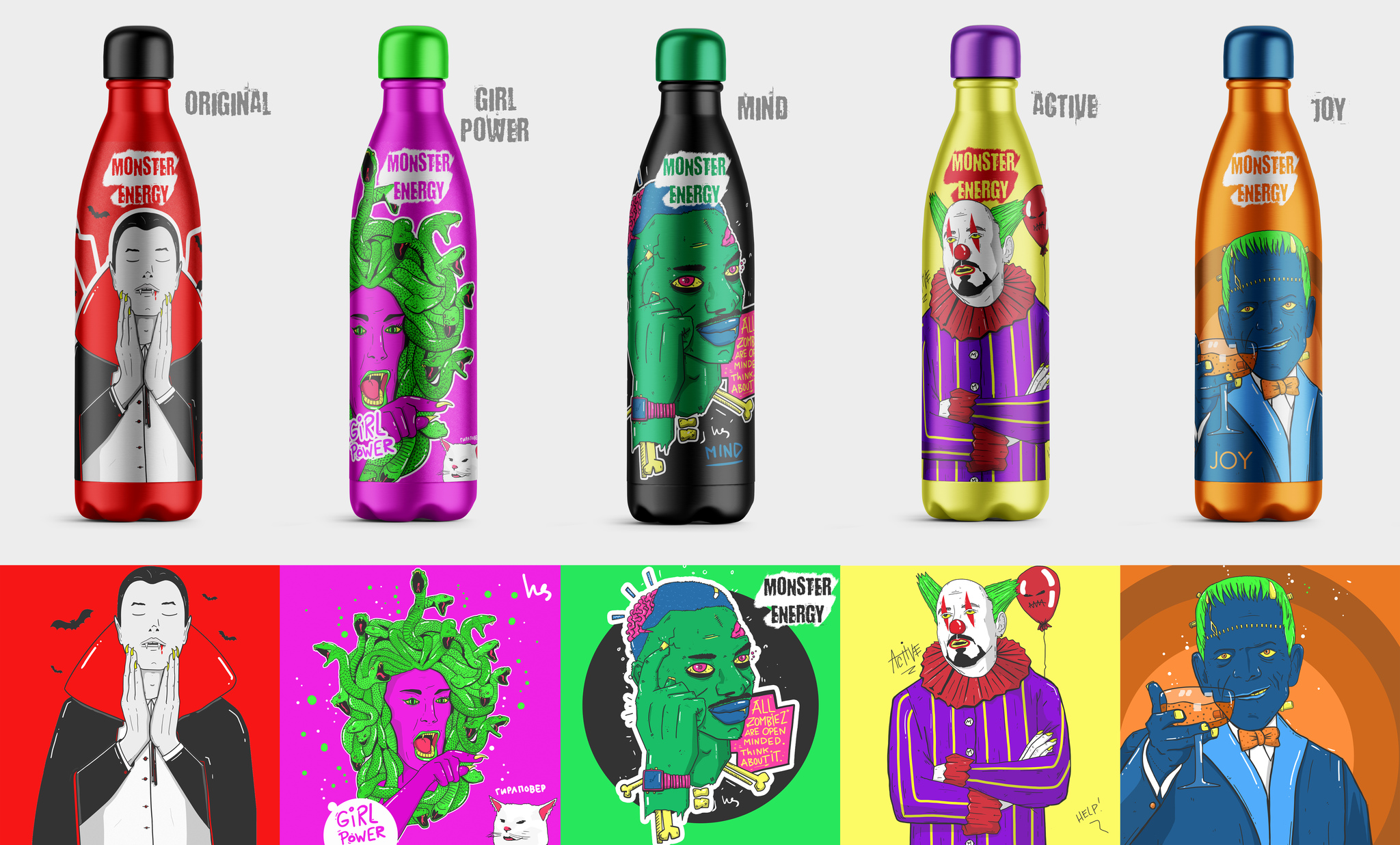 Monster Energy, what kind of meme monster are you?) - My, Design, Memes, Monster, Medusa Gorgon, Clown, Dracula, Zombie, Frankenstein, Longpost