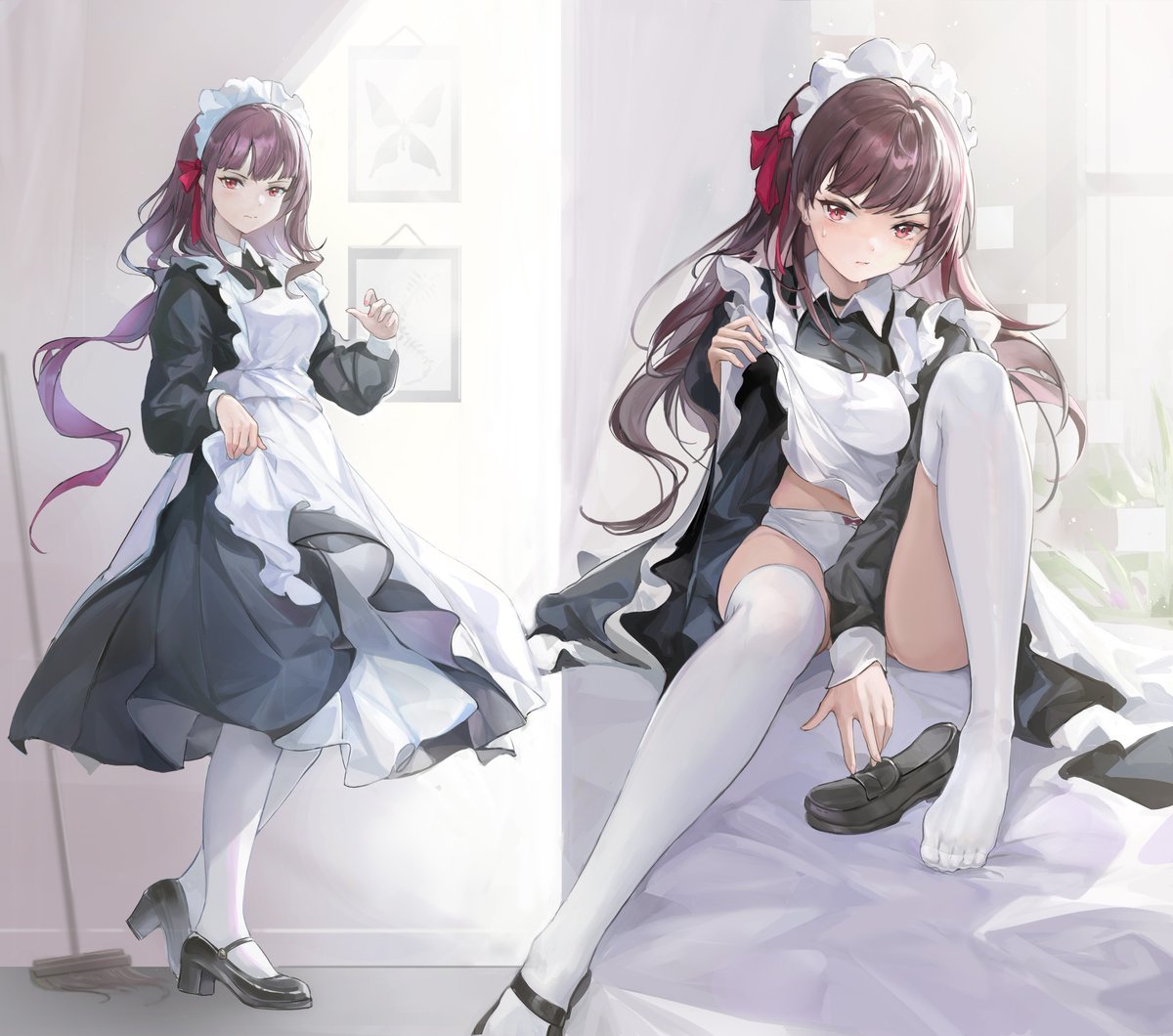 WA2000 - NSFW, Anime, Art, Anime art, Girls frontline, Games, WA2000, Girls, Housemaid, Humanization, Pantsu, Stockings, Upskirt