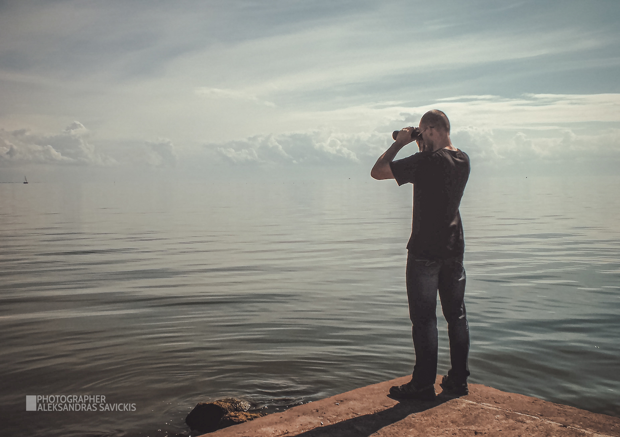 A lonely sail is white... - My, Sea, Sail, The photo, Person, Binoculars, Clouds, Water, The pier