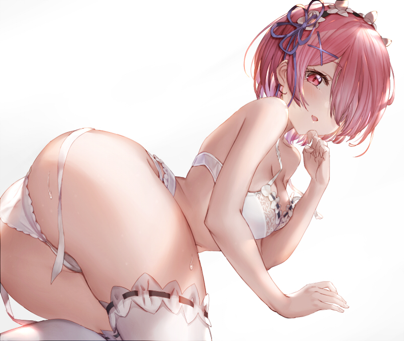 Rem & Ram - NSFW, Art, Anime, Anime art, Re: Zero Kara, Ram (Re: Zero Kara), Rem (Re: Zero Kara), Girls, Housemaid, Erotic, Hand-drawn erotica, Underwear, Stockings, Boobs, Booty, Pantsu, Back view, 77gl