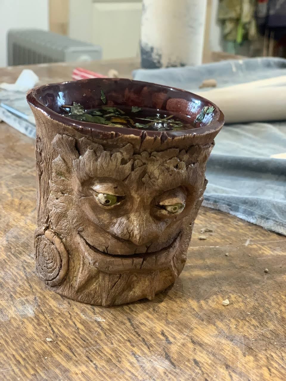 He survived!) My first mug. Made by hand. After three annealings - My, Ceramics, Clay, Glaze, Dendroid, With your own hands, Кружки, Mug with decor, Rick and Morty, Needlework without process, Longpost