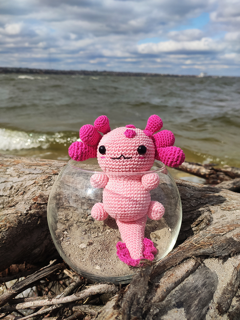 Lazy axolotl - My, Crochet, Knitting, Axolotl, Amigurumi, Handmade, Needlework, Needlework without process, Knitted toys, Toys, Longpost