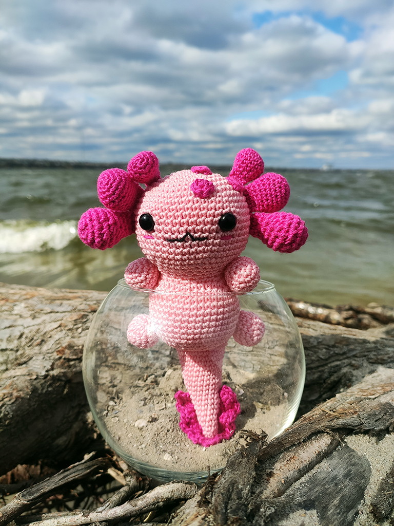 Lazy axolotl - My, Crochet, Knitting, Axolotl, Amigurumi, Handmade, Needlework, Needlework without process, Knitted toys, Toys, Longpost