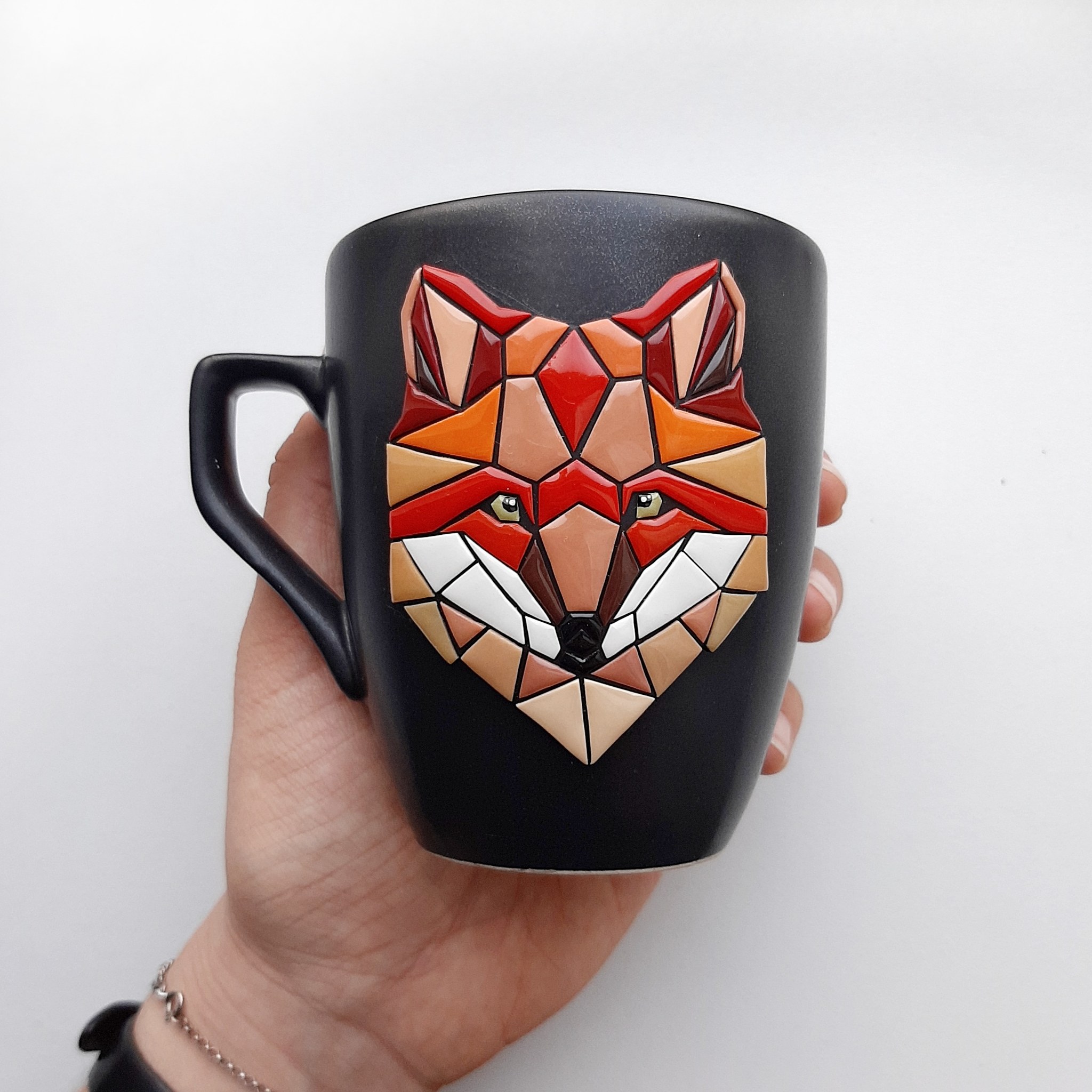 POLYMER CLAY (STYLISH GEOMETRY) - My, Needlework without process, Handmade, With your own hands, Polymer clay, Mug with decor, Кружки, Fox, Needlework