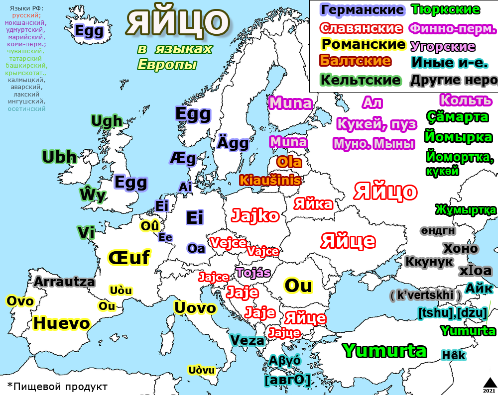 Egg in the languages ??of Europe and Russia (map) - Cards, Eggs, Foreign languages, Vocabulary, The words, Linguistics, Comparison