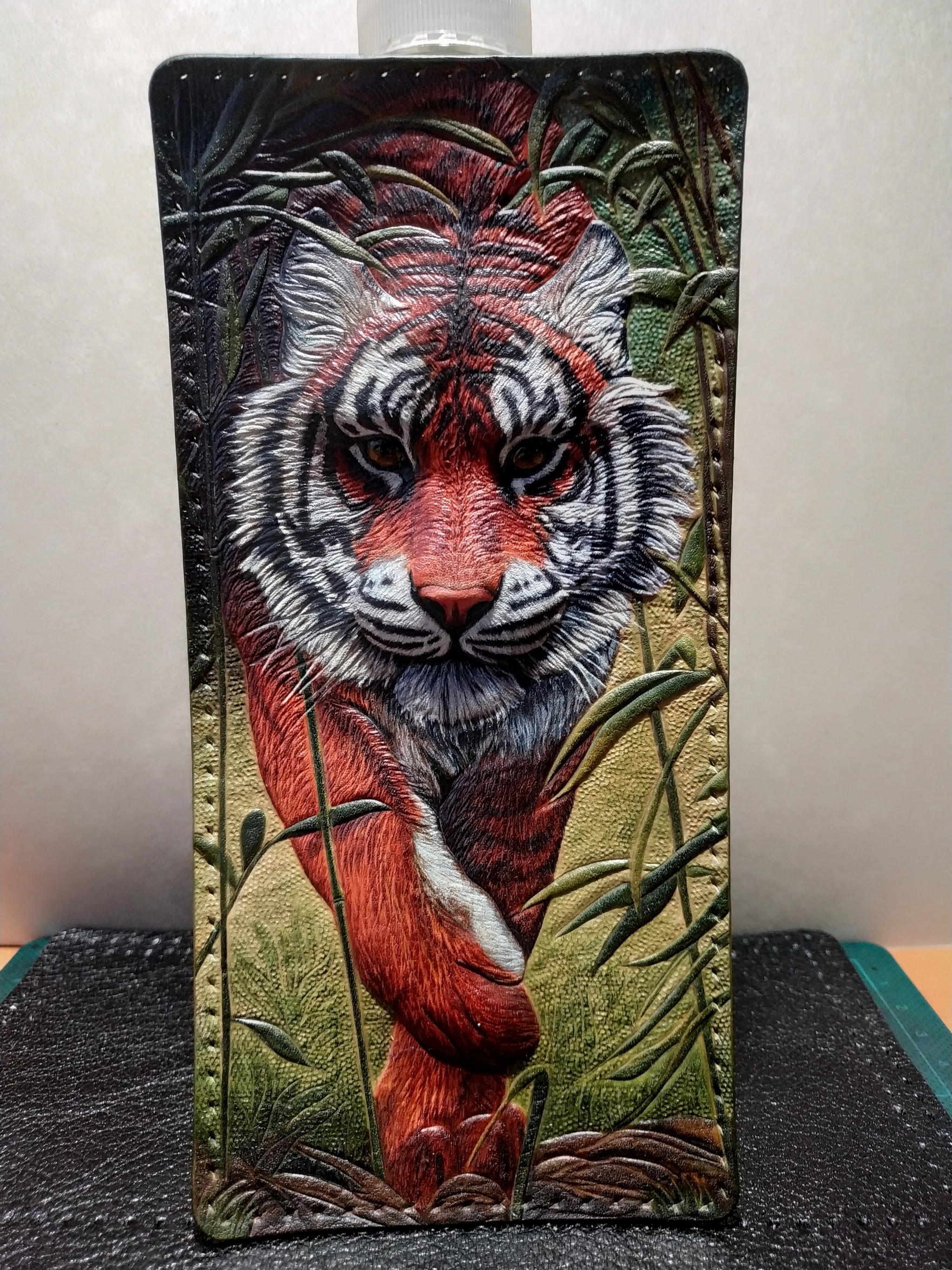 Tiger, leather embossing - My, Leather, Embossing on leather, Tiger, Needlework with process, Longpost