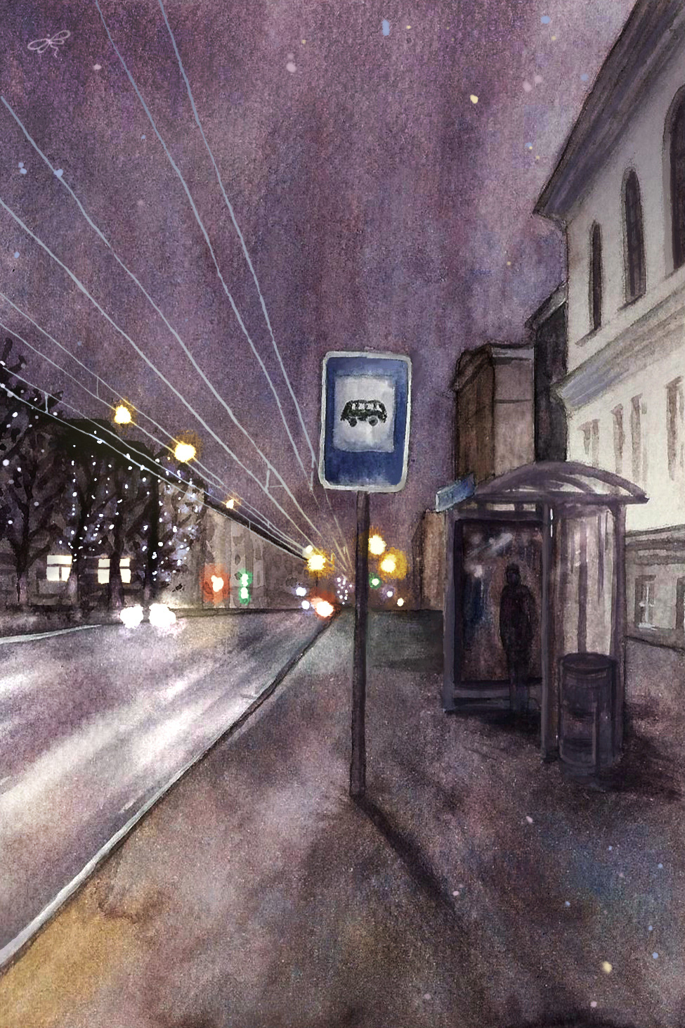 At the bus stop - My, Creation, Landscape, Painting, Art, Drawing, Painting, Watercolor, Russia, Town, Night city, Cheboksary, Longpost