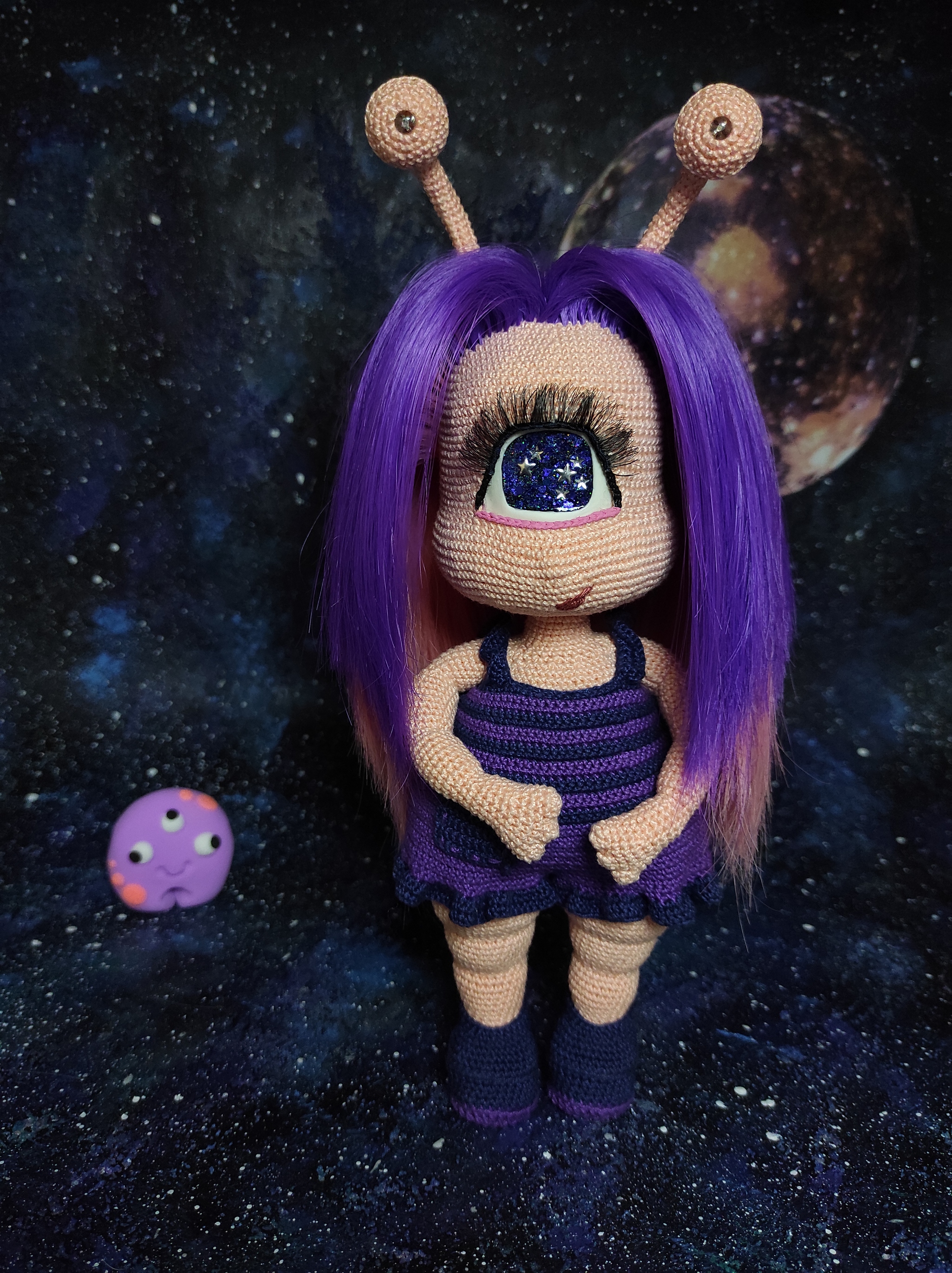 Spacegirl - My, Space, Amigurumi, Knitting, Needlework without process, Toys, Satellite, With your own hands, LEDs, Doll, Video, Longpost