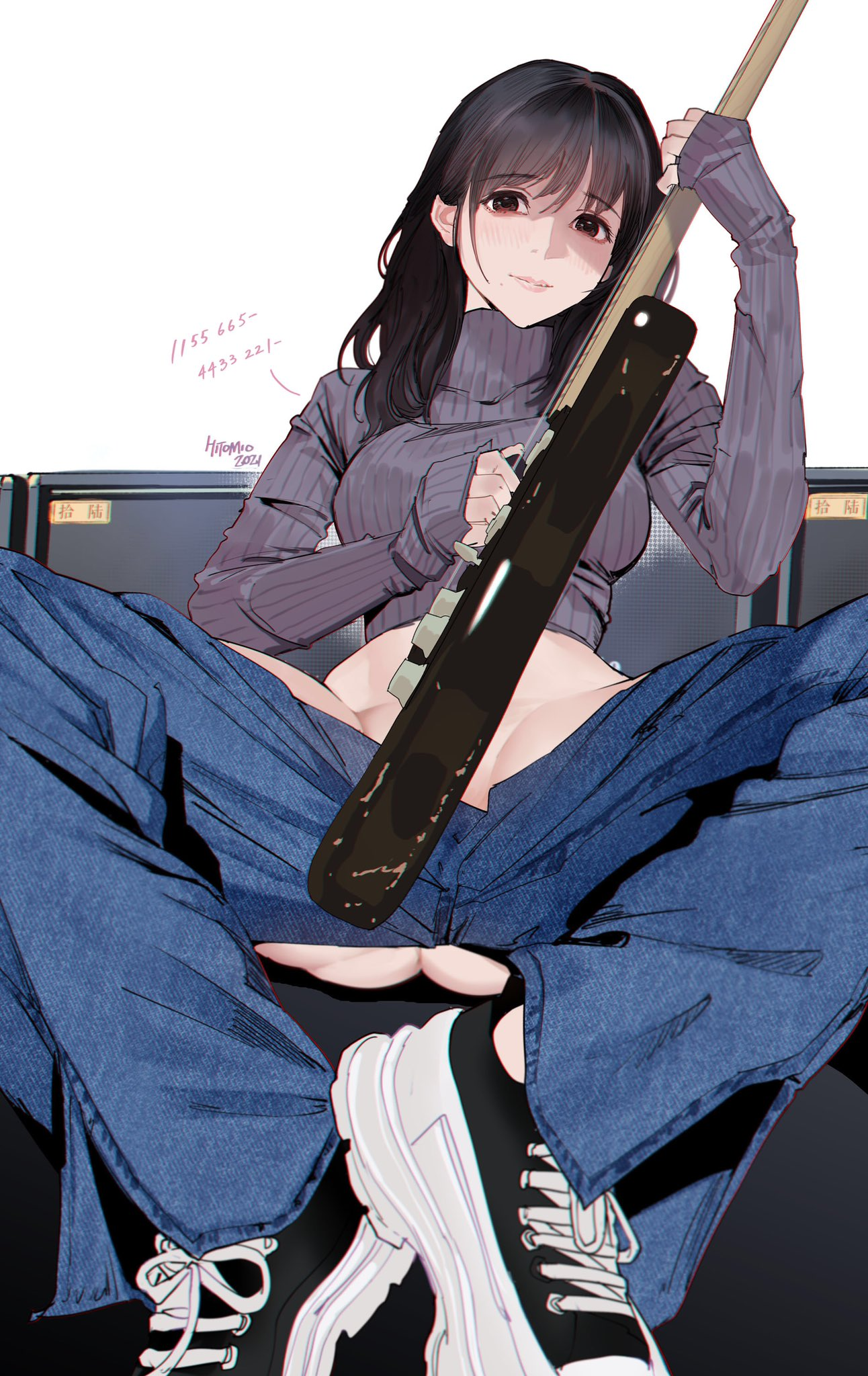 Guitar lesson - NSFW, Anime, Original character, Anime art, Art, Girls, Guitar, Erotic, Longpost, Stomach, Boobs, Hitomio16