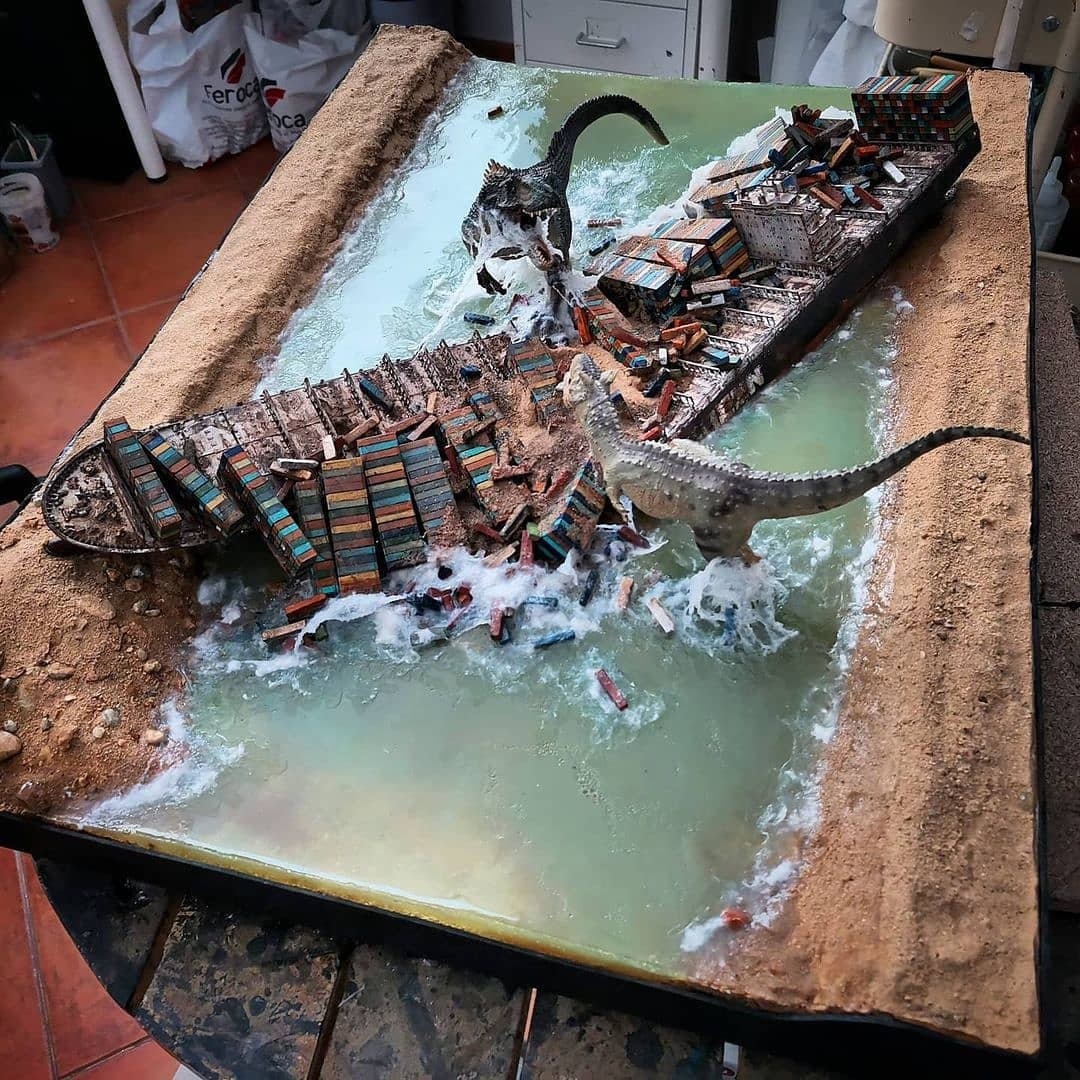 Suez Canal - another version - Diorama, Suez canal, Dinosaurs, Longpost, Ever Given container ship