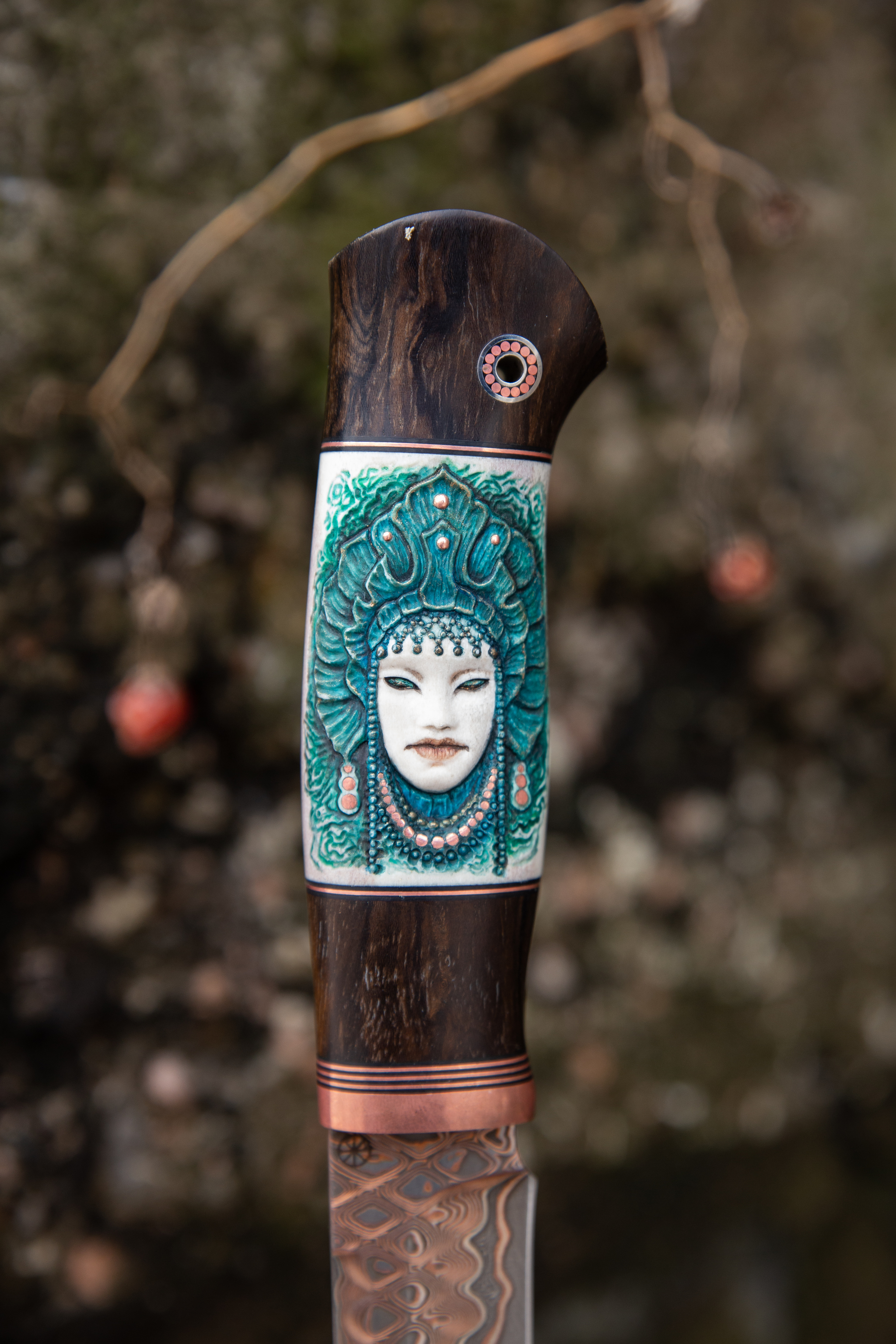 Mistress of Copper Mountain - My, Knife, Damascus, Copper, Mistress of Copper Mountain, Natural leather, Blade, Bone carving, Inlay, Longpost