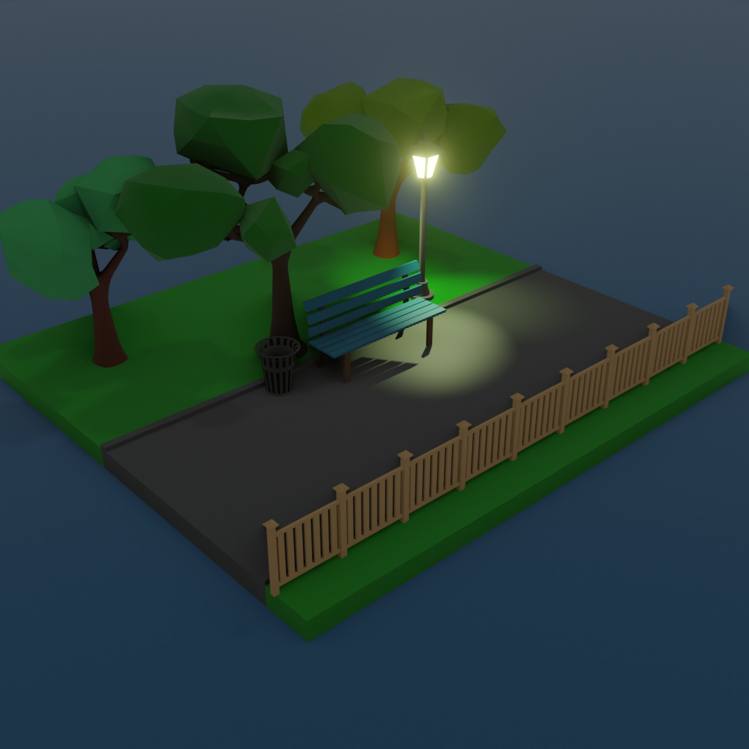 Night, street, lantern - My, 3D modeling, Blender, Low poly, Lamp, Bench