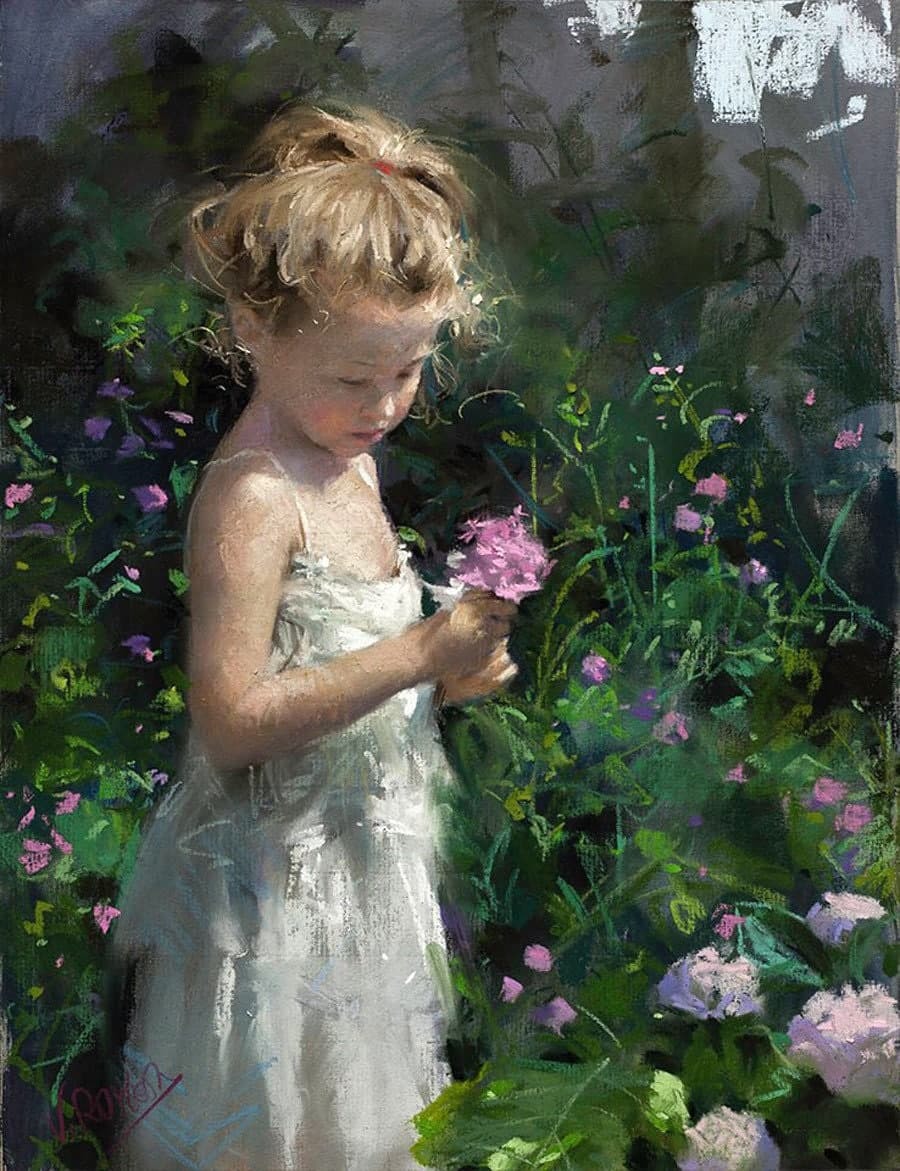 In the garden - Painting, Artist, Art, Painting, Children, Girl, Garden, Flowers, , Vicente Romero Redondo