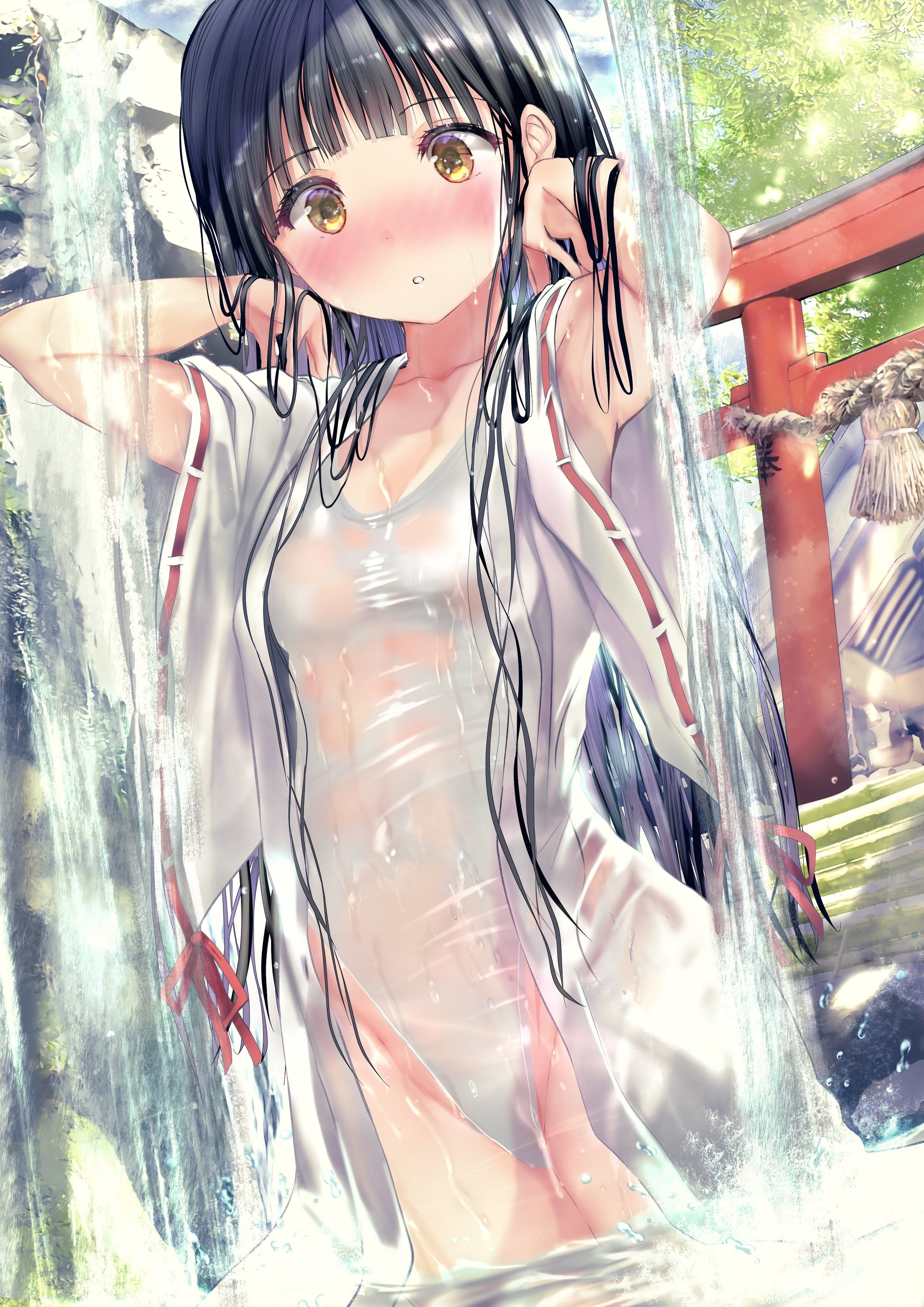 Shrine maiden - NSFW, Anime, Anime art, Anime original, Art, Girls, Swimsuit, Hand-drawn erotica, Pantsu, Longpost