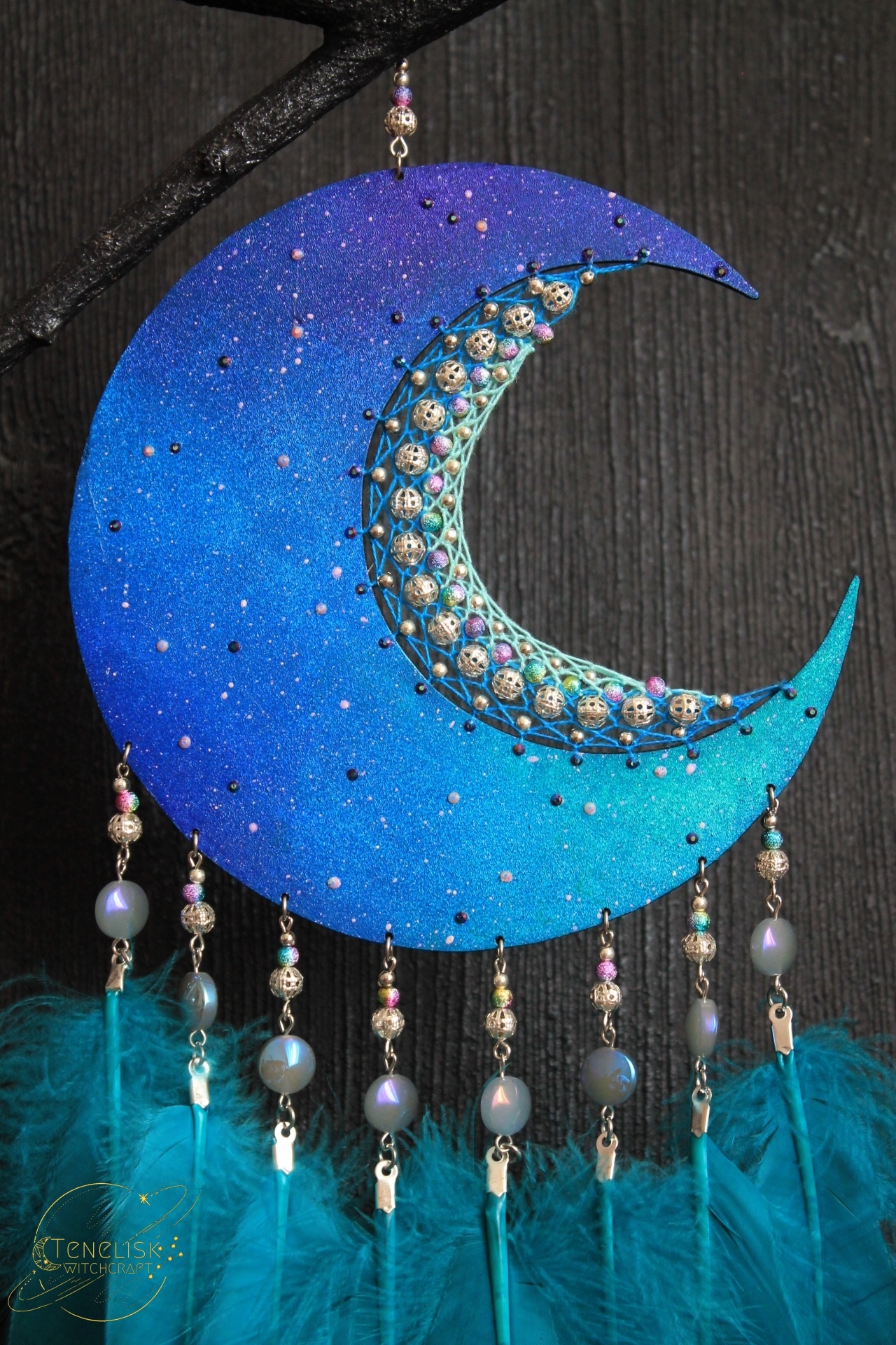 Dreamcatcher: Achernar - My, Dreamcatcher, Needlework without process, Handmade, Hobby, Weaving, Needlework, With your own hands, Feathers, , Friday tag is mine, Longpost, Space, Galaxy, Stars, Planet, moon, Painting, Crescent