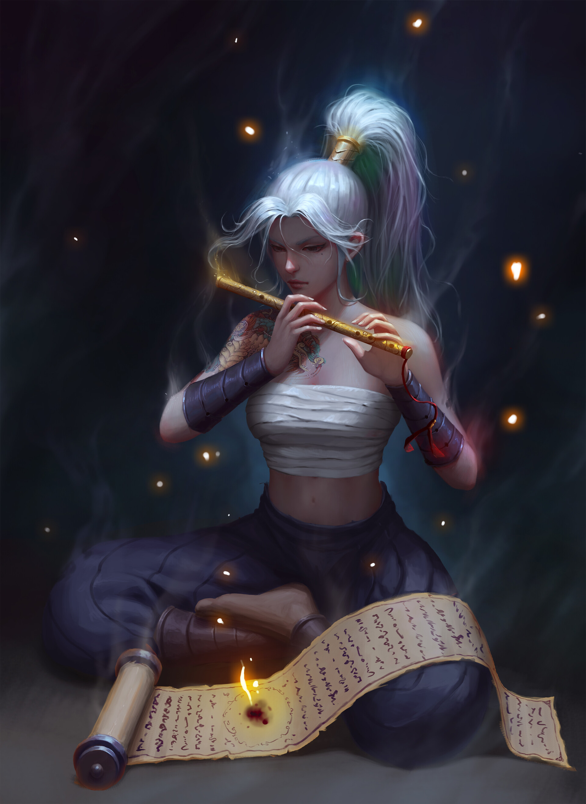 Magic melody - Drawing, Melody, Scrolls, Fire, magical flute, Girls, Magic, Danvici Art, , Art